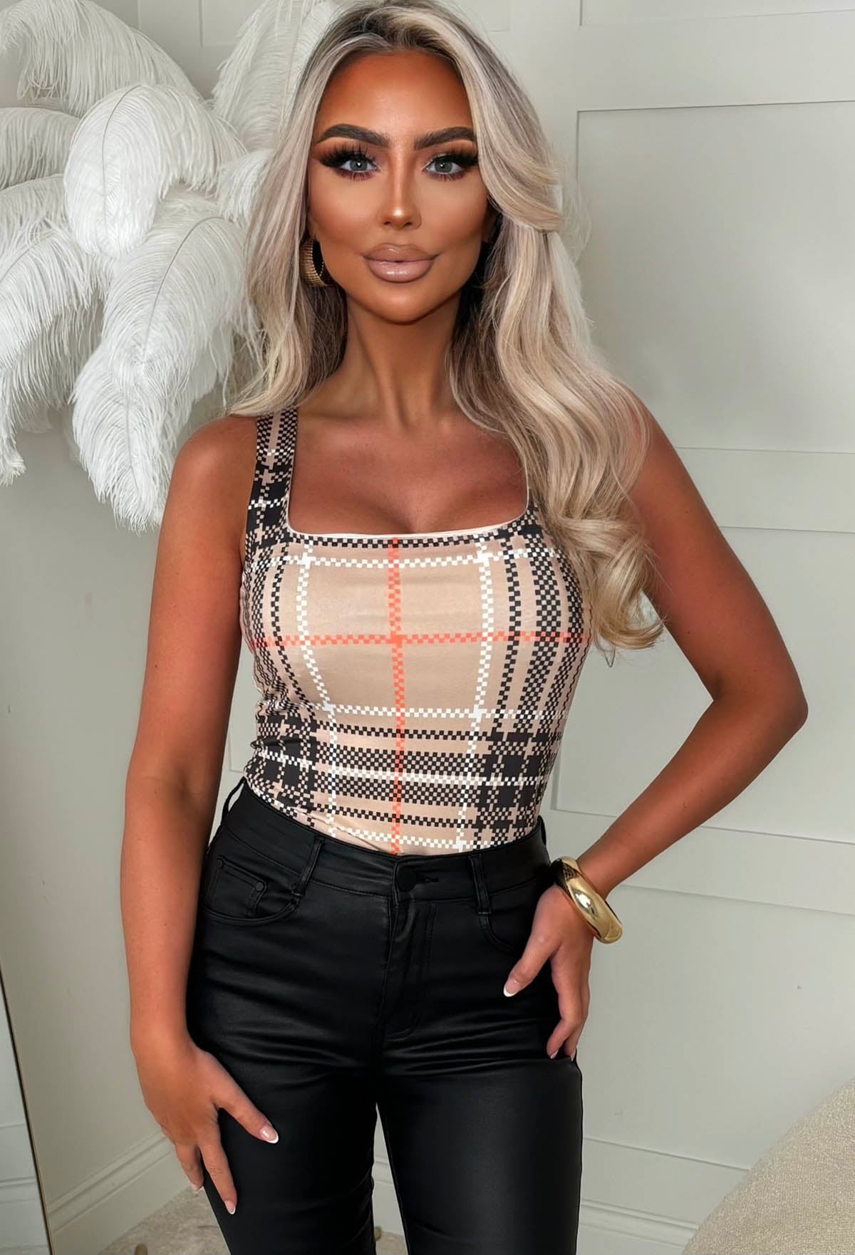 Girl Crush Beige Check Stretch Bodysuit