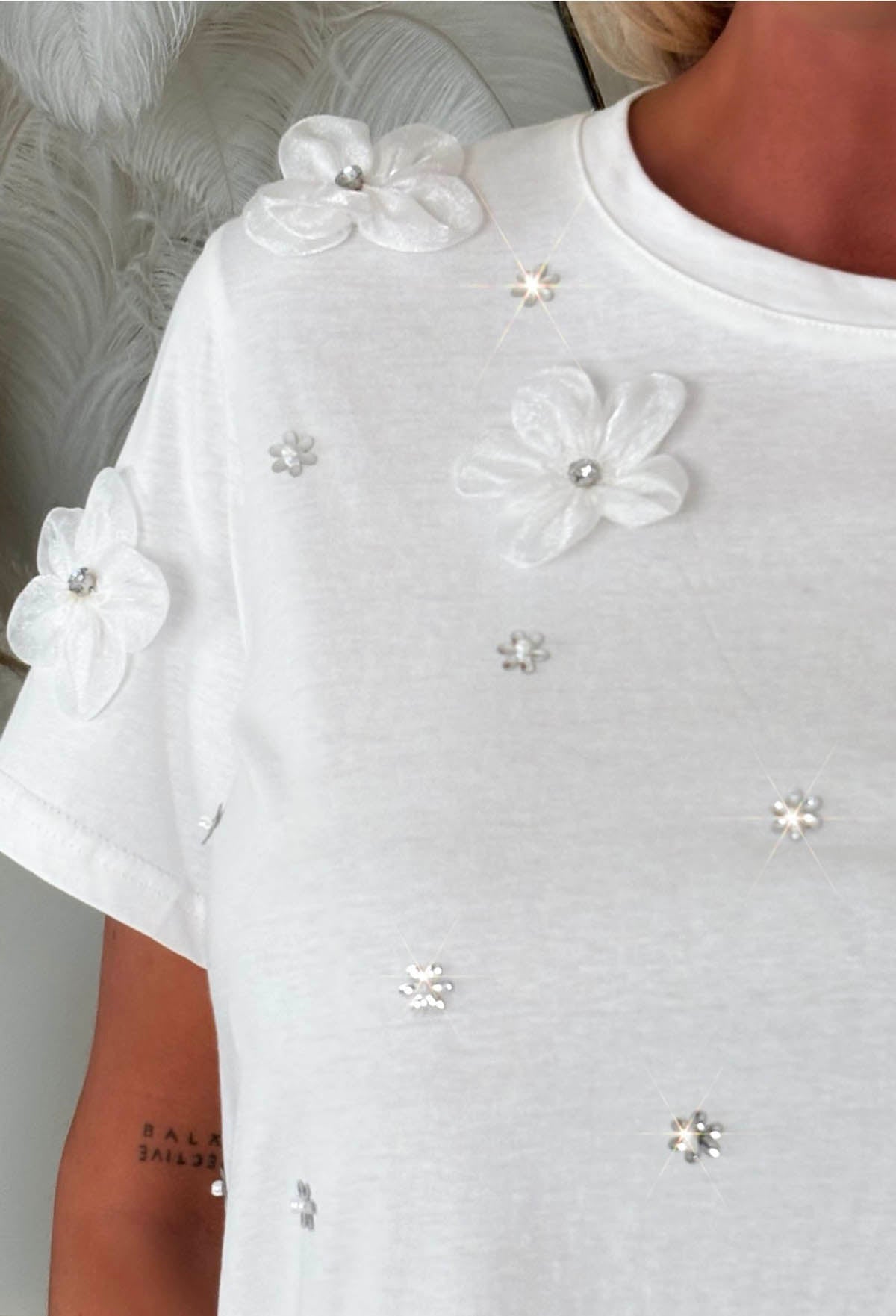 White Floral Diamante Embellished T-shirt Close Up Detail