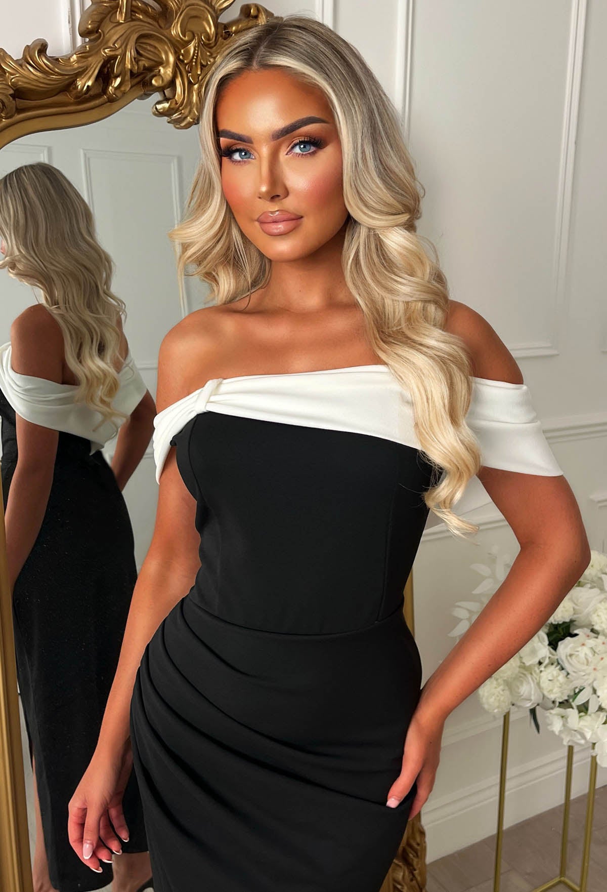 Glam Gal Black Off The Shoulder Contrast Bow Midaxi Dress