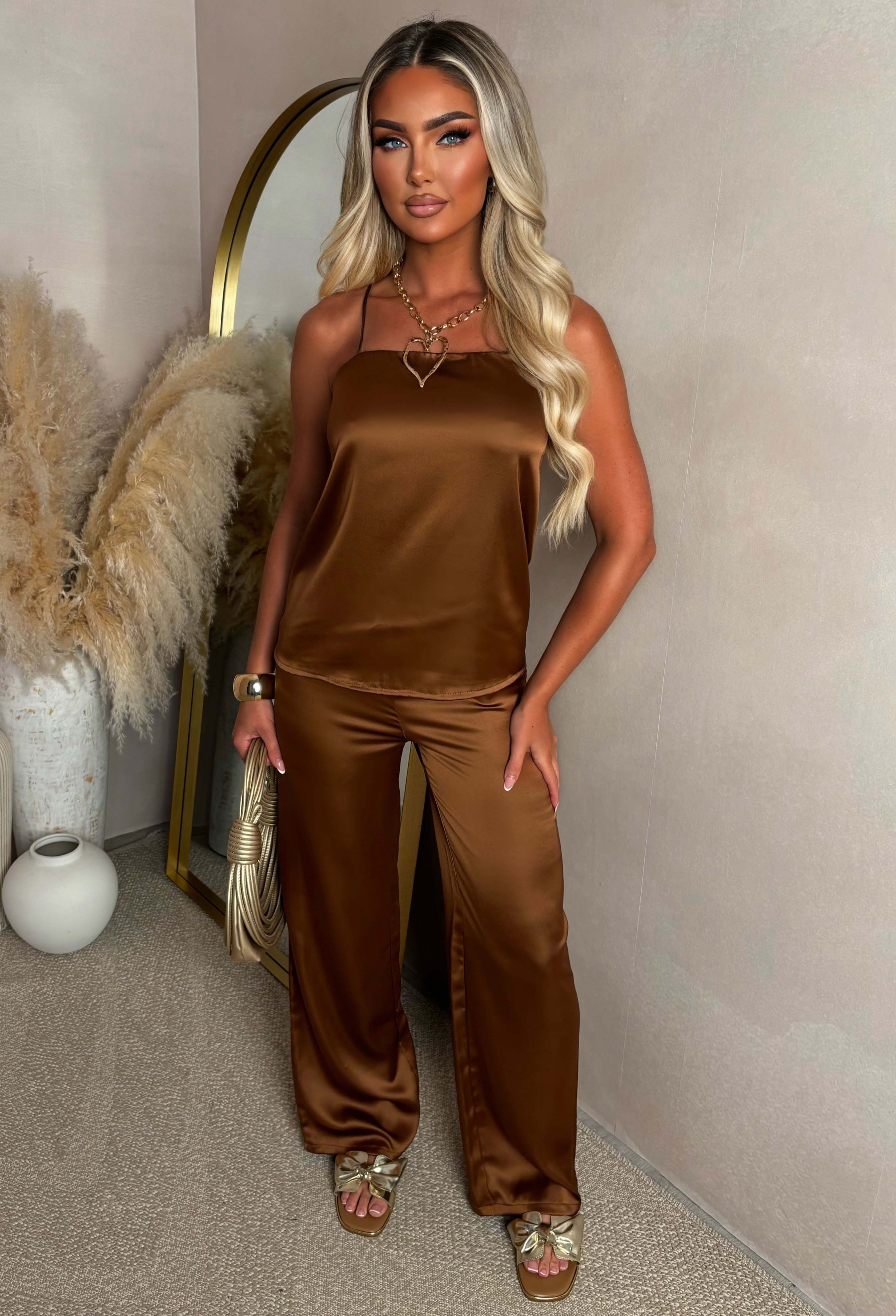 Glam In Monaco Chocolate Brown Satin Cami & Trouser Co-Ord Set