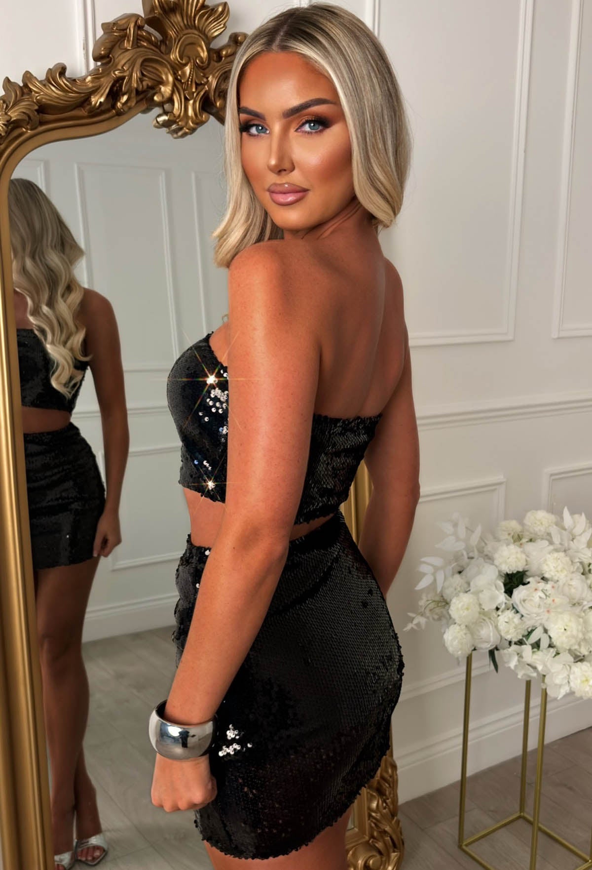 Glamour Aesthetic Black Sequin Bandeau & Mini Skirt Co-ord Set