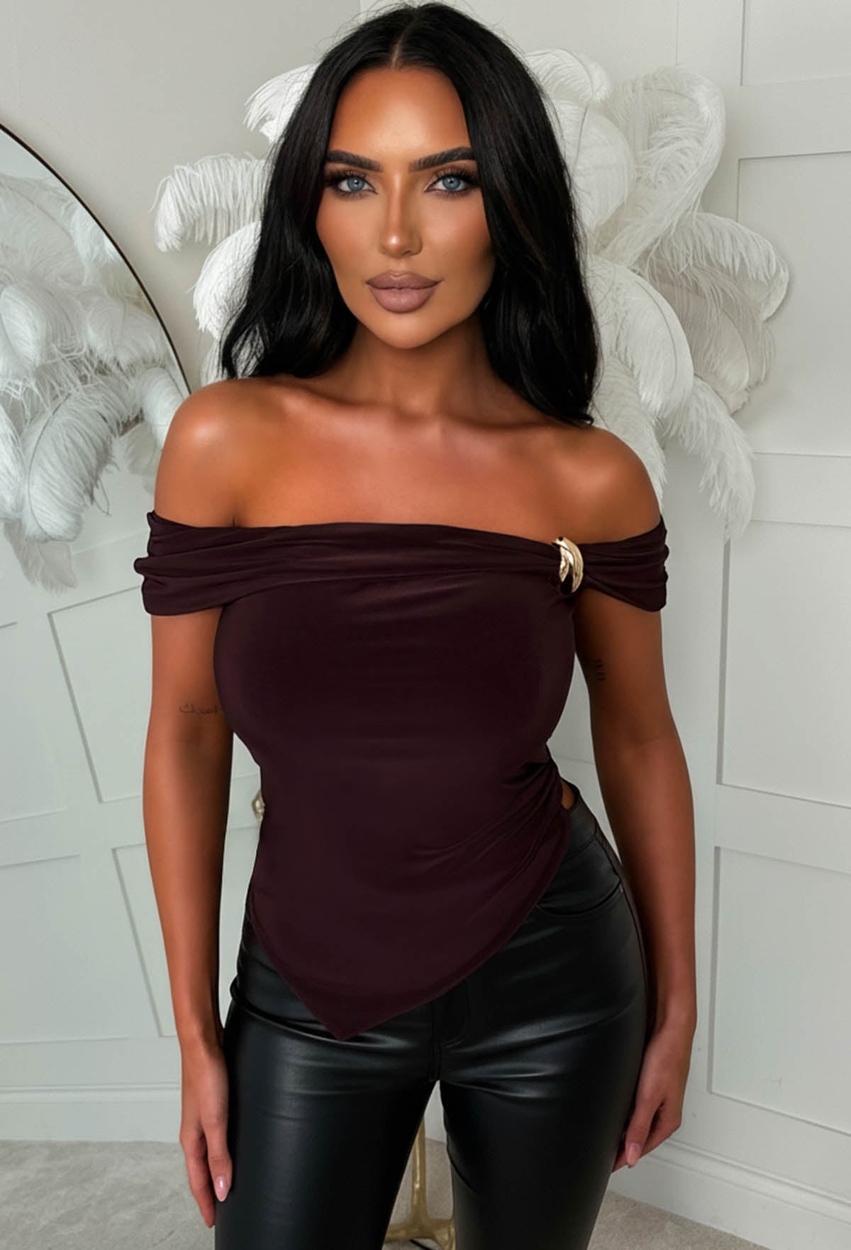 Gleam Curve Brown Bardot Gold Detail Asymmetric Top