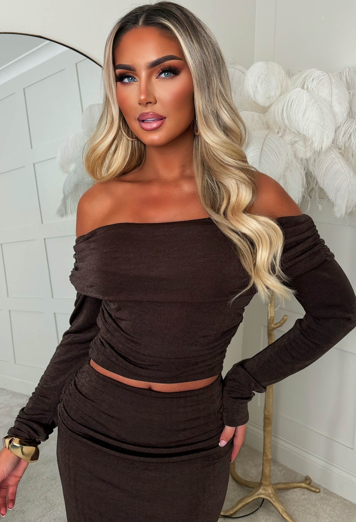 Glints Of Gorg Brown Acetate Top & Midi Skirt Co-ord Set