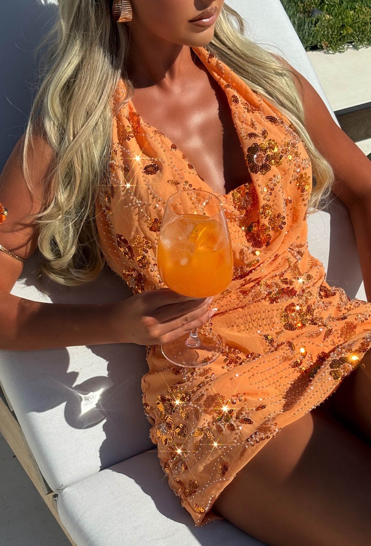 Glistening Girl Coral Beaded Sequin Halter Mini Dress
