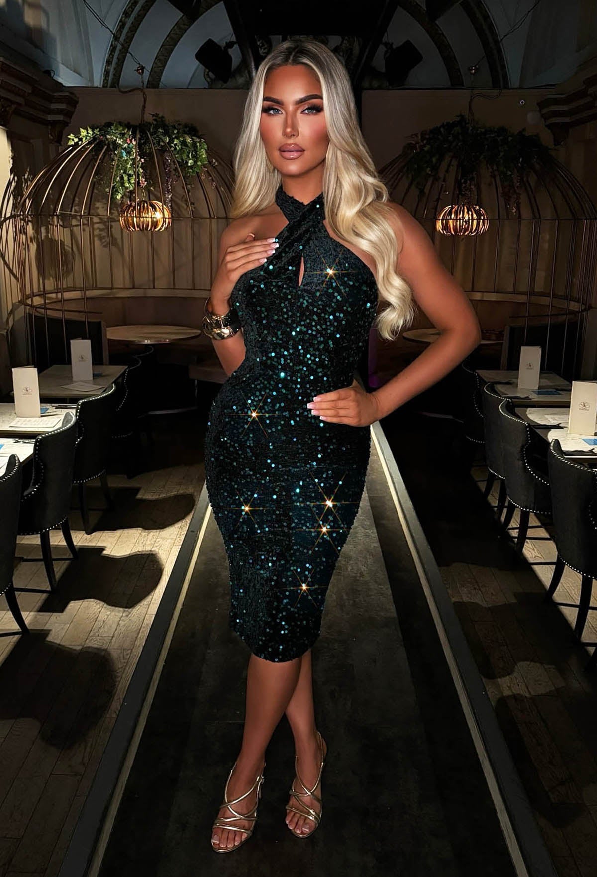 Glitzy Glamour Green Halterneck Sequin Dress