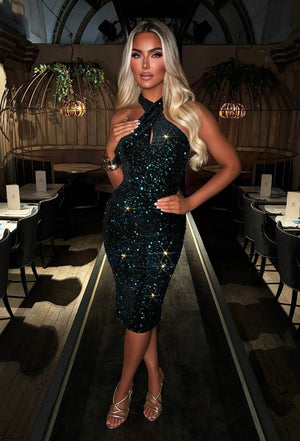 Glitzy Glamour Green Halterneck Sequin Dress