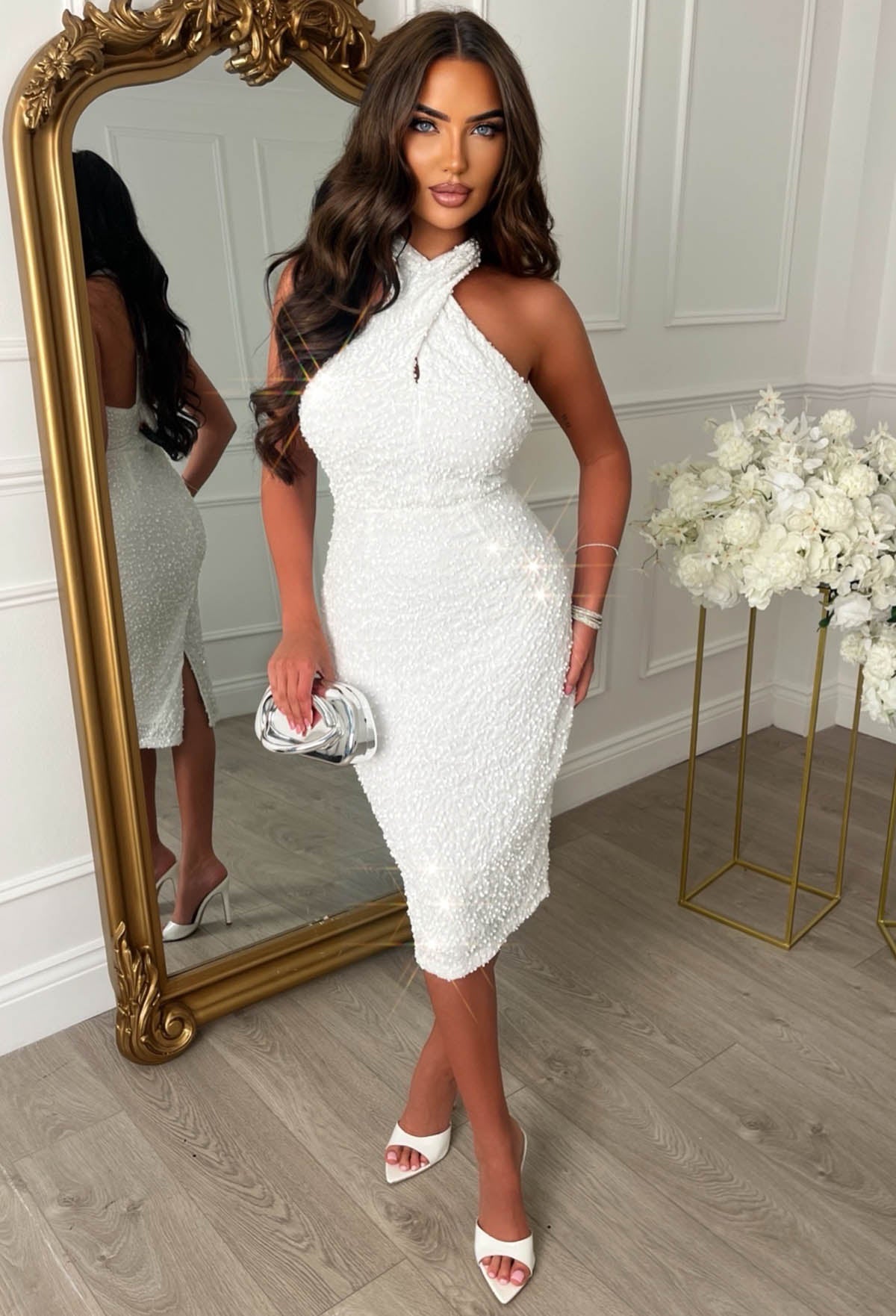 Glitzy Glamour White Halterneck Sequin Dress