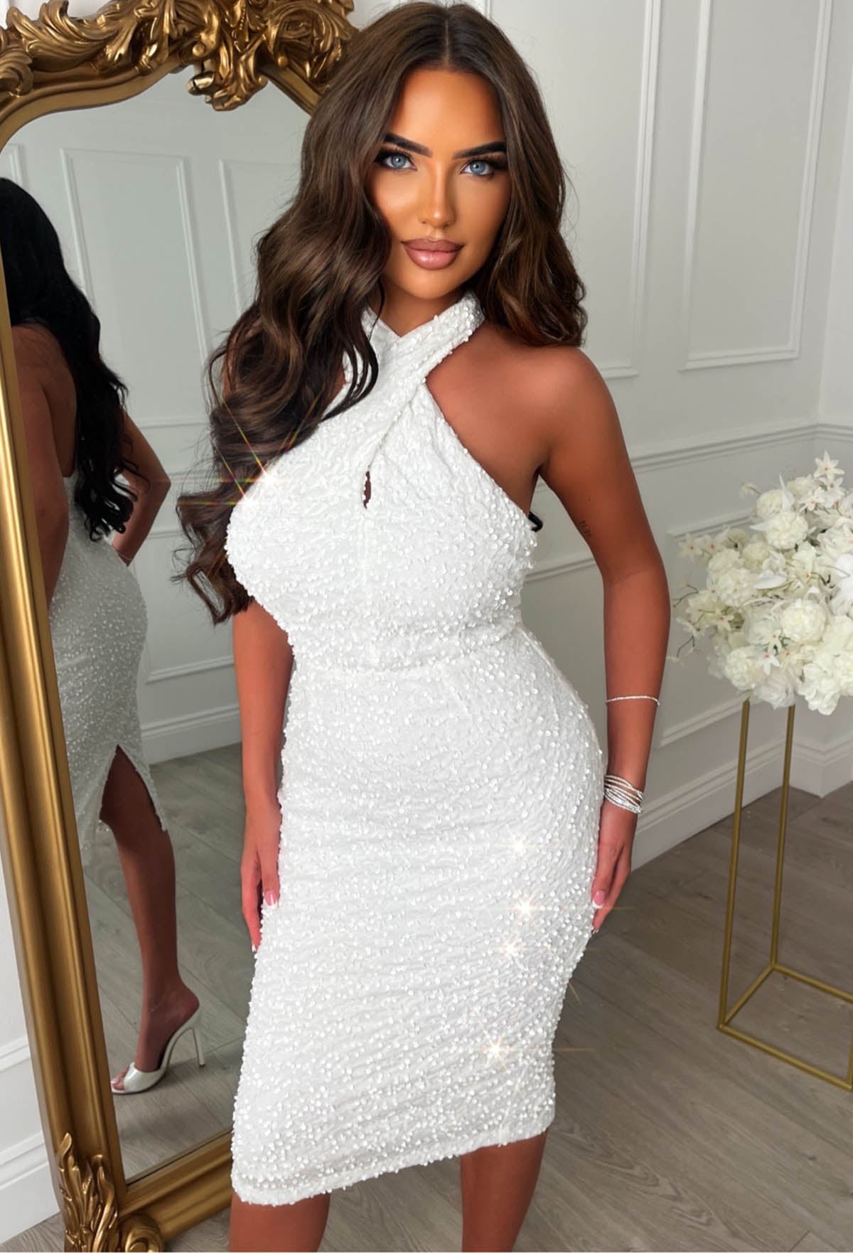 Glitzy Glamour White Halterneck Sequin Dress