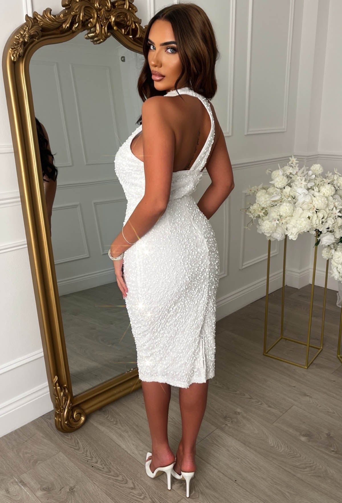 Glitzy Glamour White Halterneck Sequin Dress
