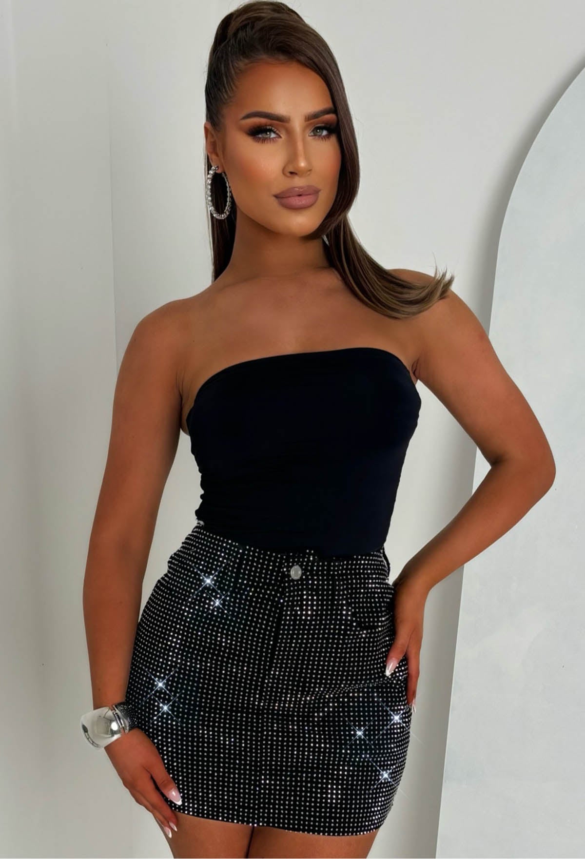 Glow Up Black Stretch Sparkle Mini Skirt