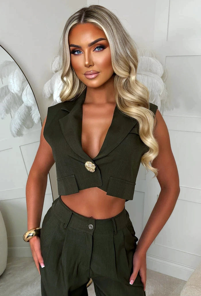 Golden Palm Green Gold Button Sleeveless Blazer With Straight Leg Trouser Co-ord Set