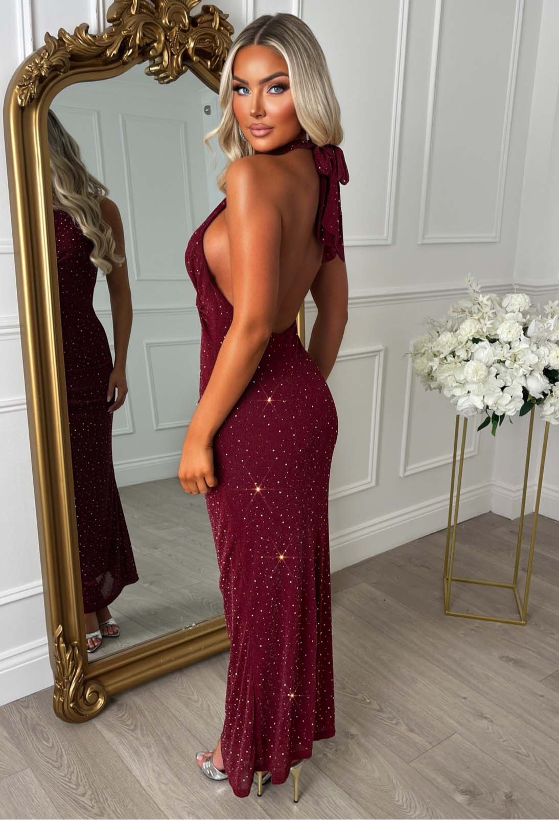 Halo Effect Burgundy Hot Fix Halter Twist Midaxi Dress