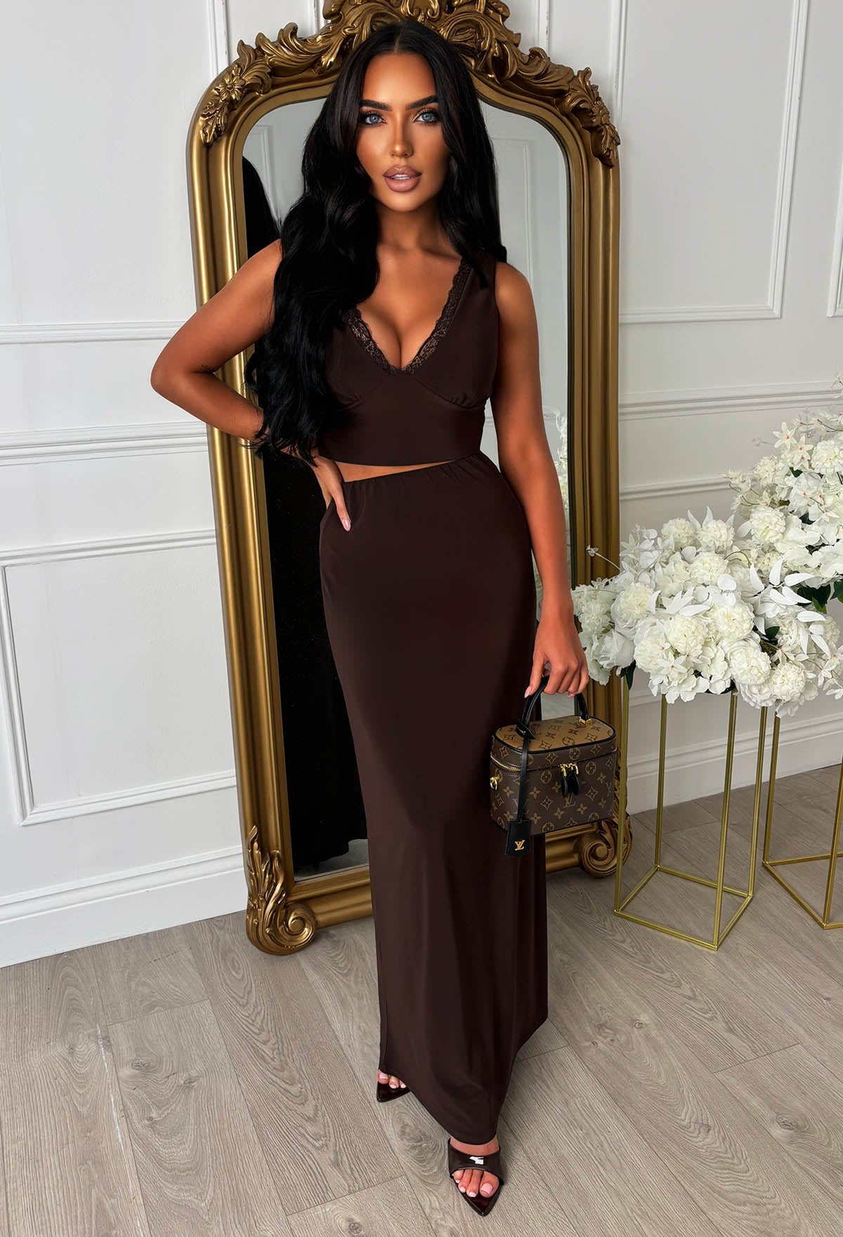 Haute For You Chocolate Brown Lace Trim Detail Skirt Co-Ord Set
