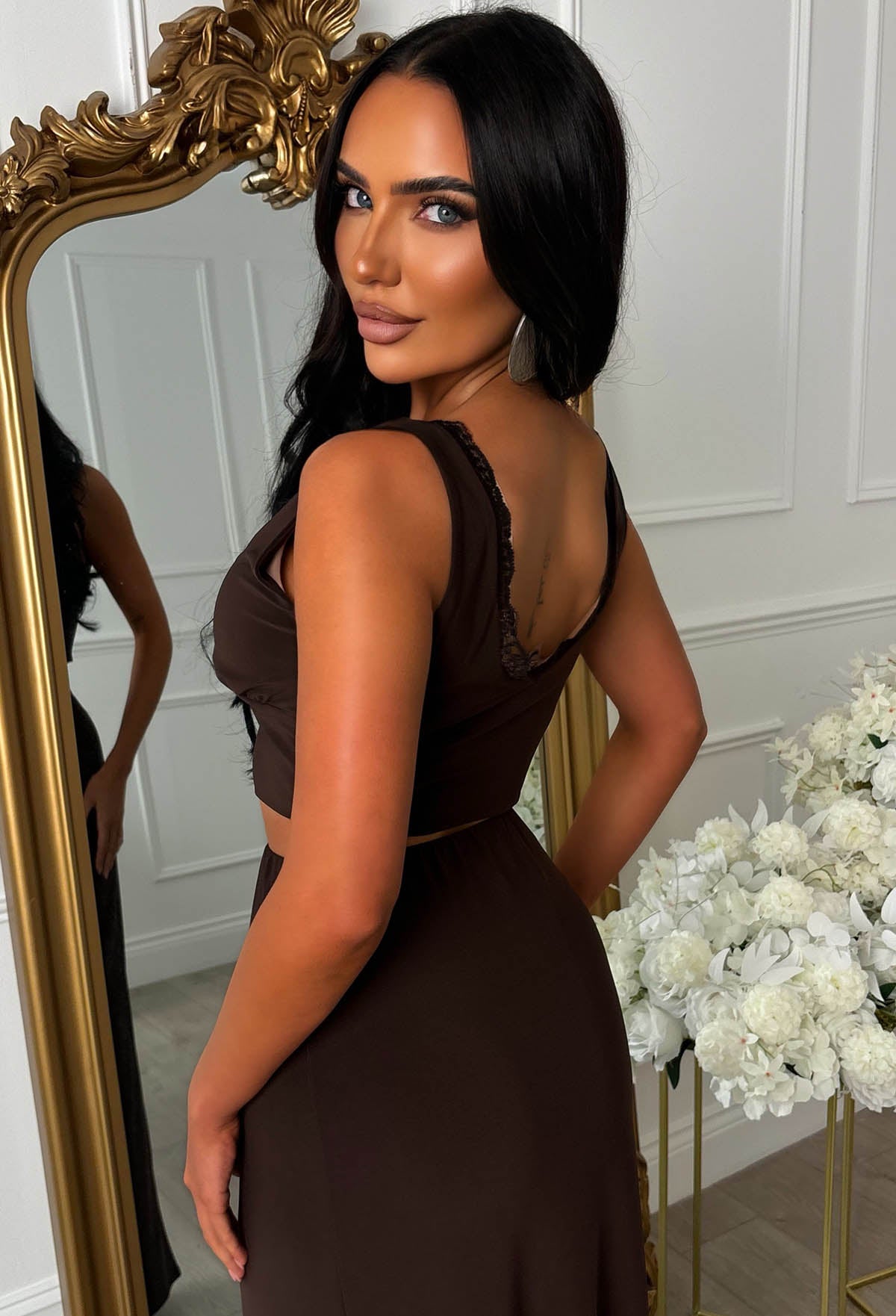 Haute For You Chocolate Brown Lace Trim Detail Skirt Co-Ord Set