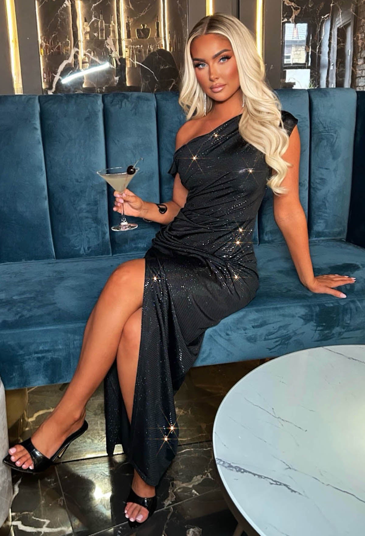 Heart Of Glass Black Off The Shoulder Ruched Sparkle Foil Midaxi Dress