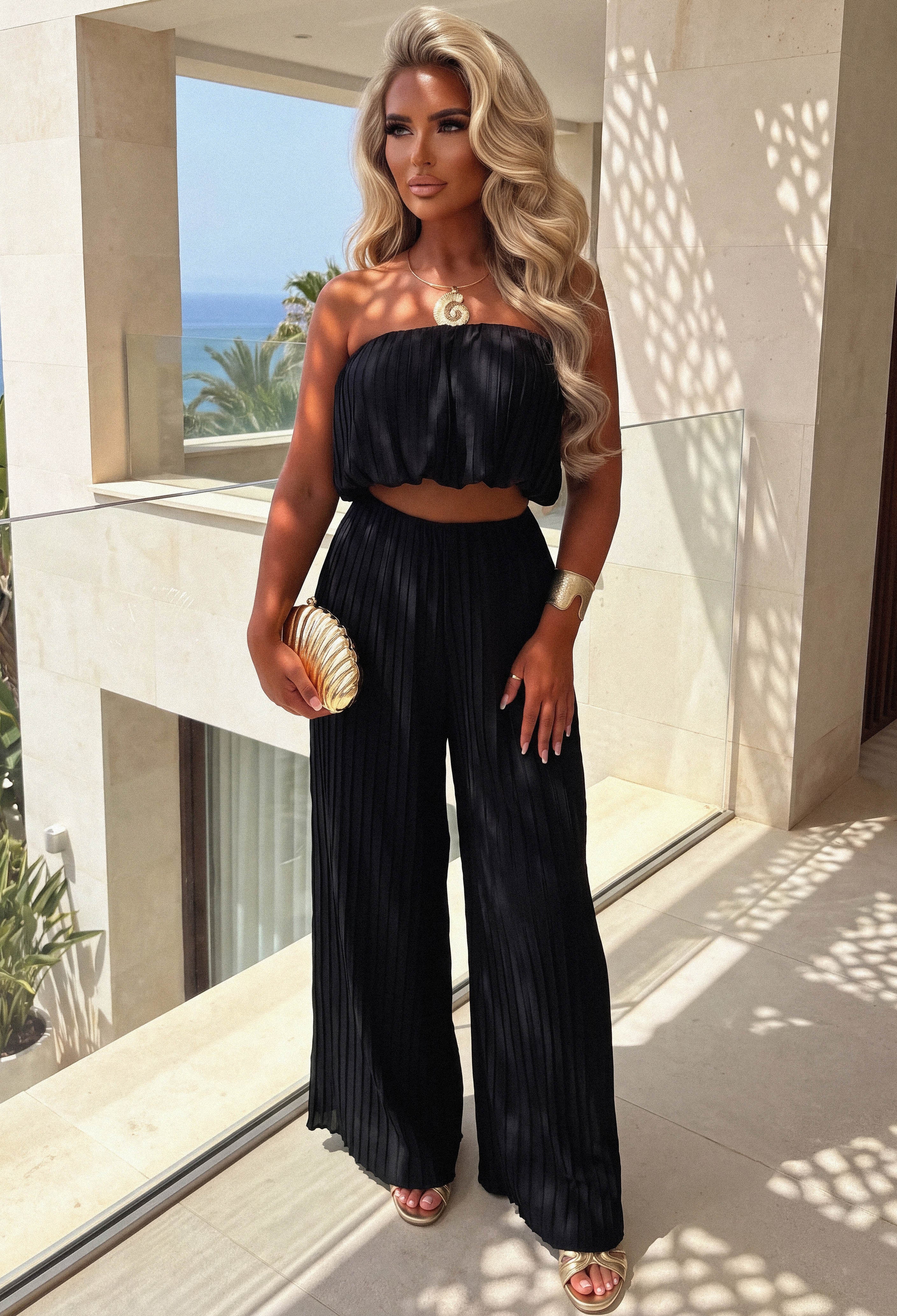 Black Plisse Trouser Co-Ord Set