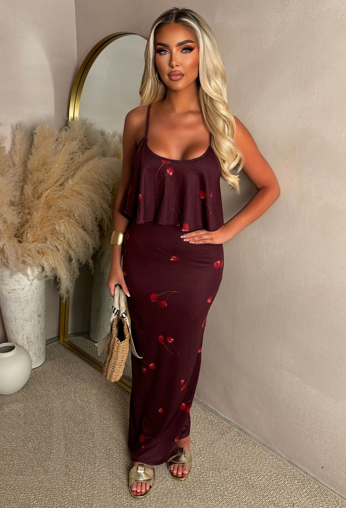 Heatwave Cherries Burgundy Super Soft Comfort Jersey Frill Maxi Dress