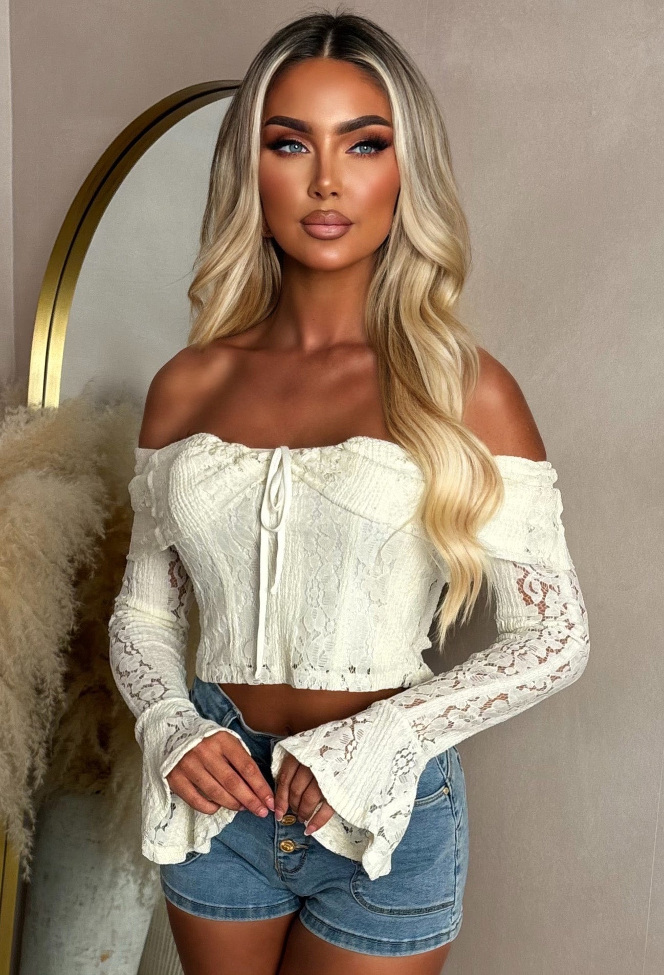 Heavenly Haze Cream Lace Off Shoulder Top | Pink Boutique