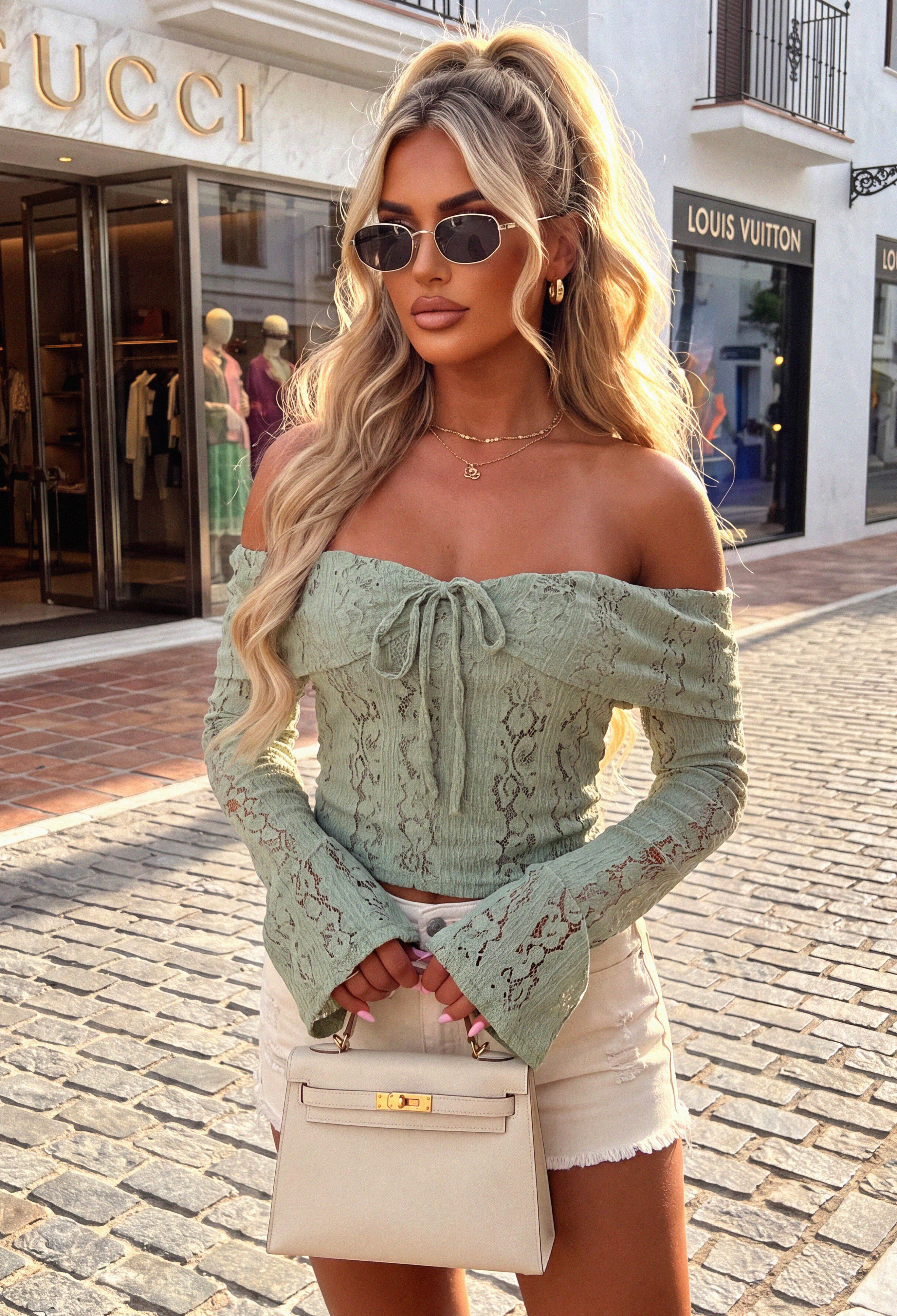Heavenly Haze Sage Lace Off Shoulder Top