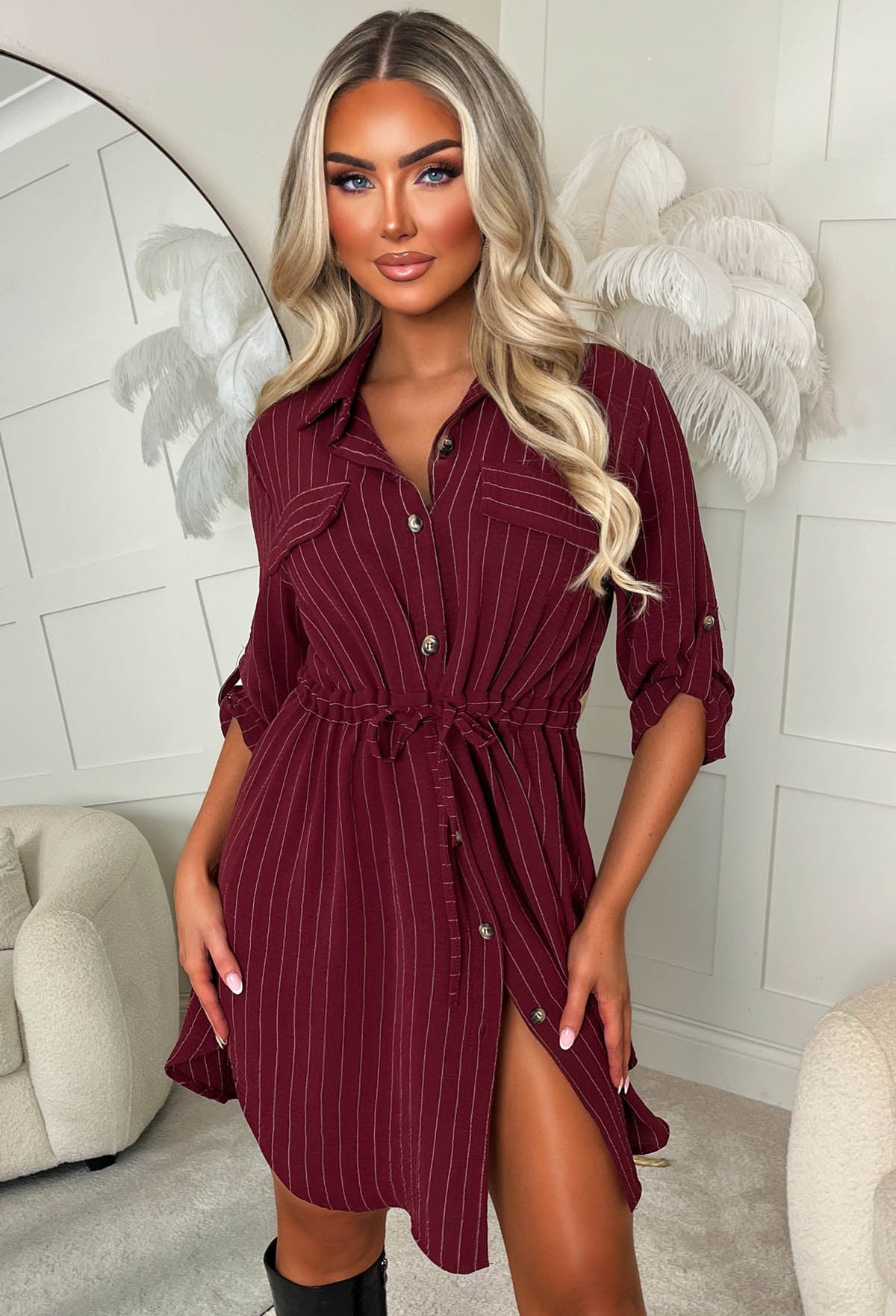 Honey Delight Burgundy Pinstripe Tie Front Shirt Dress