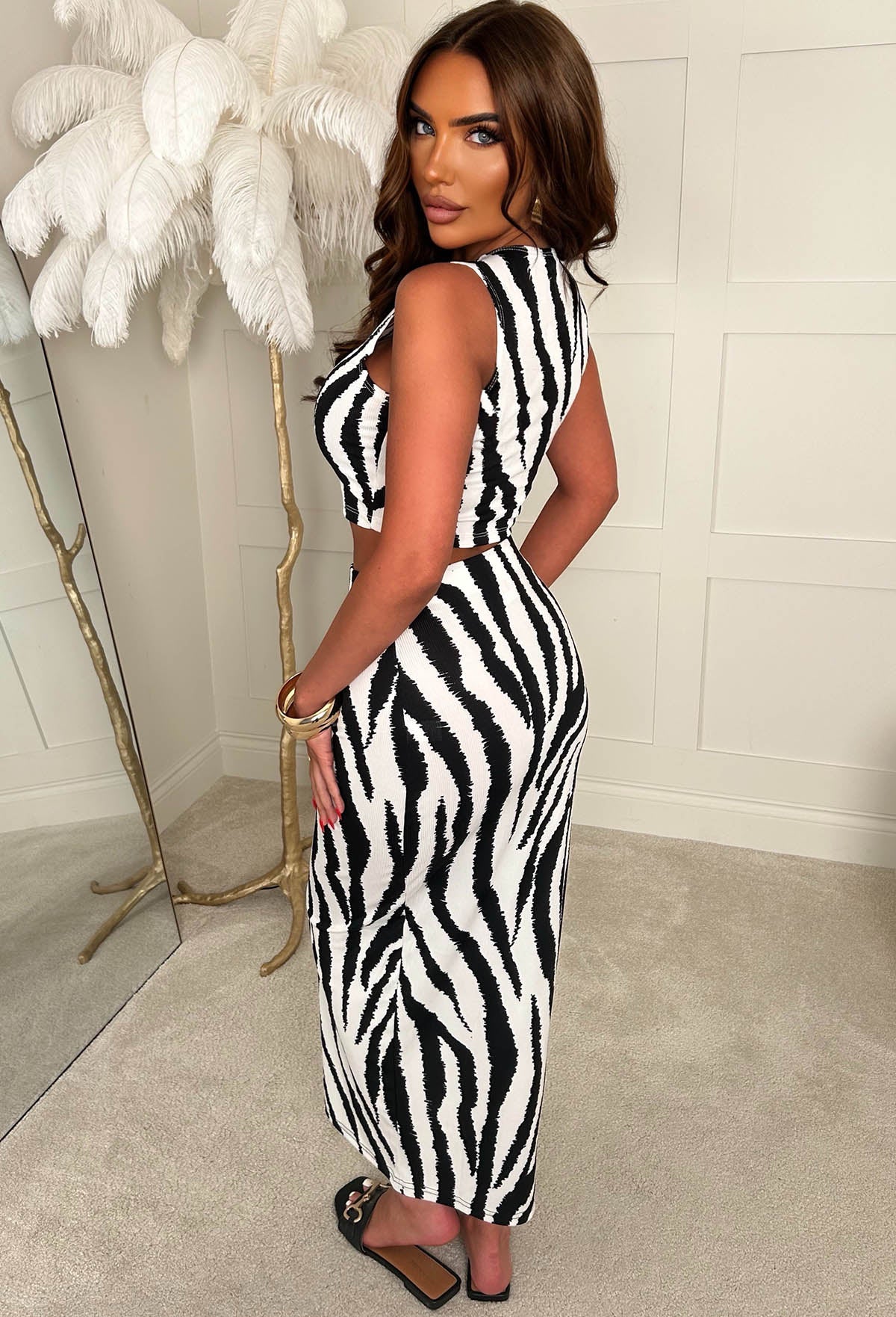 Honey Please Black Zebra Print Ribbed Midi Skirt