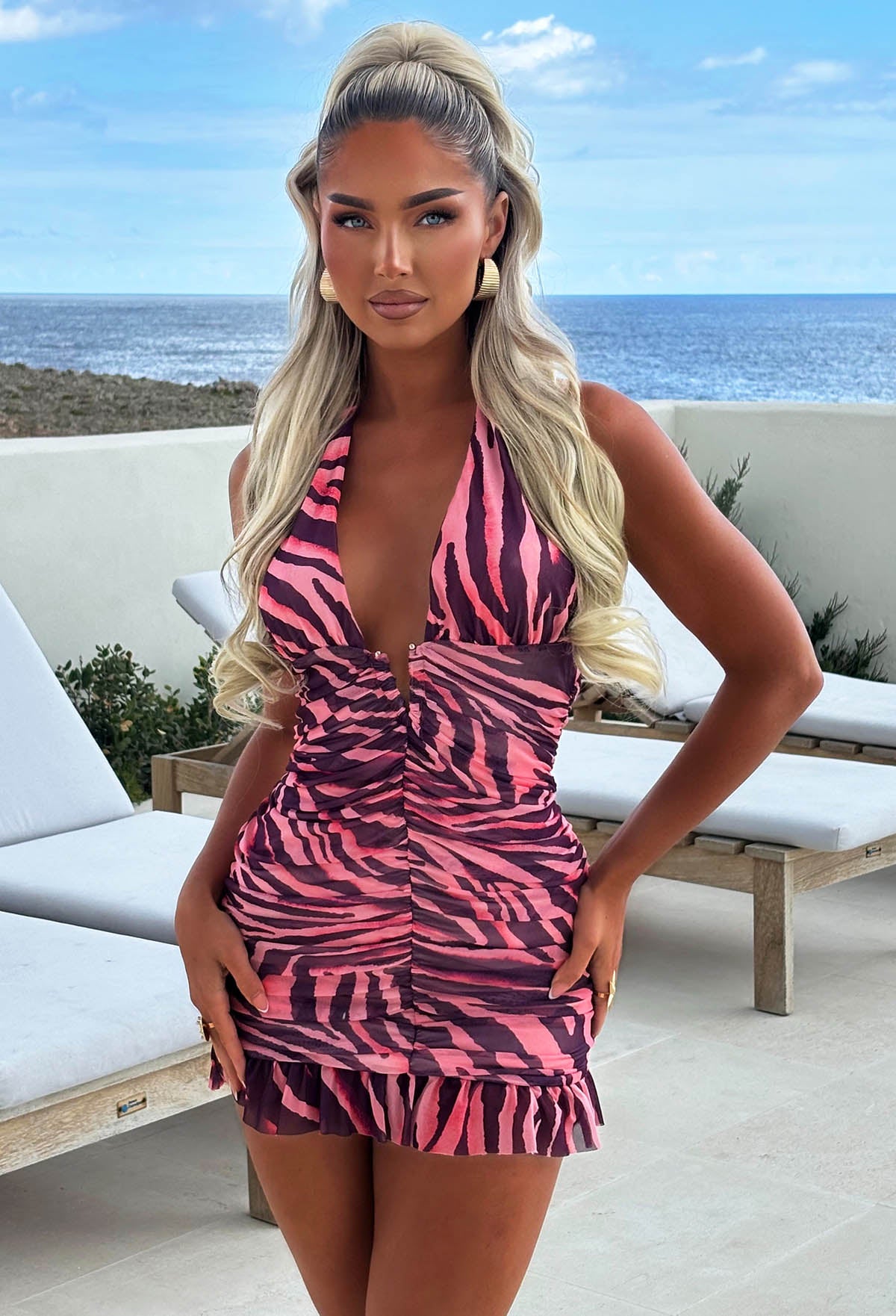 Hot Girl Safari Multi Zebra Print Halter Mini Dress