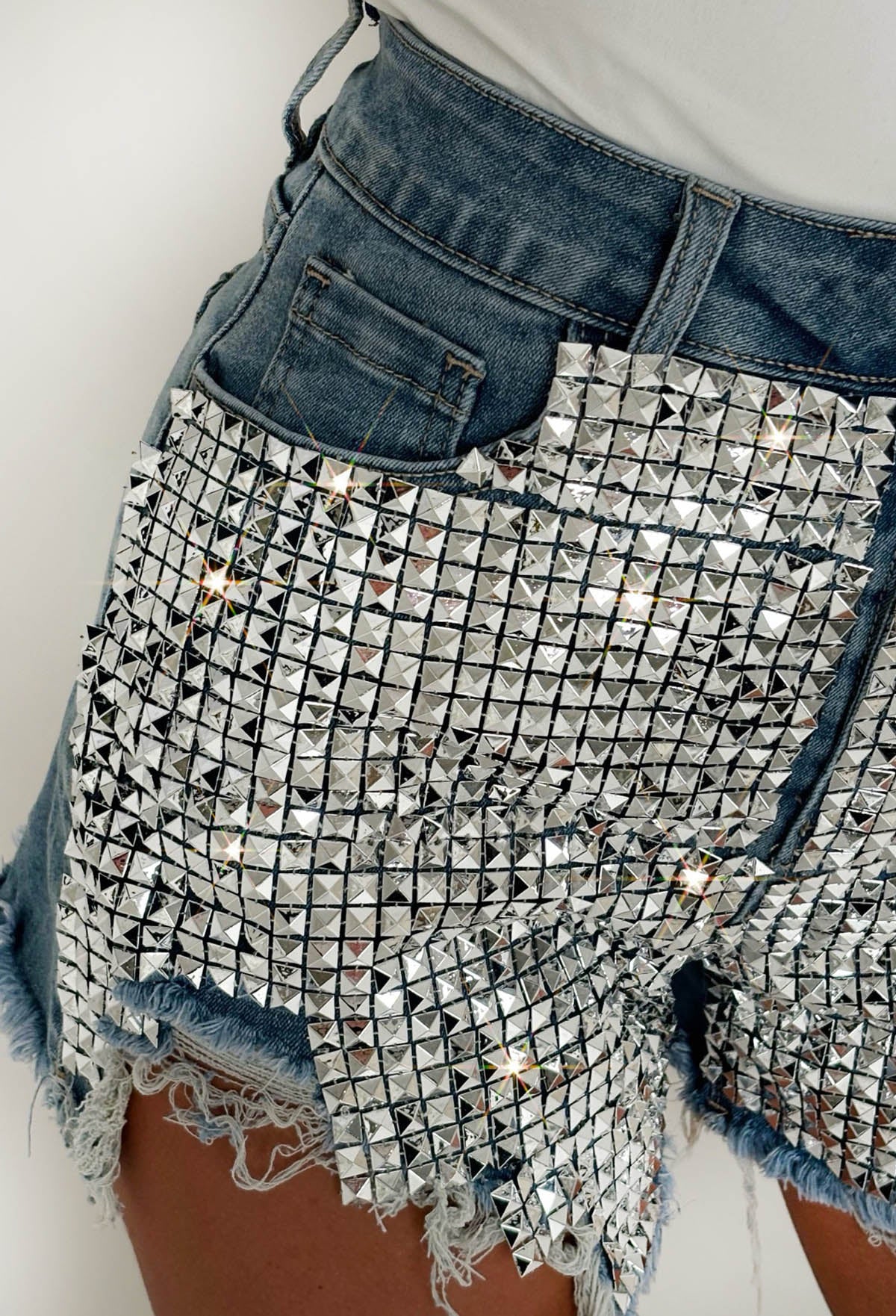 sculptor Studded Denim ShortsLight Blue Distressed Patchwork Denim