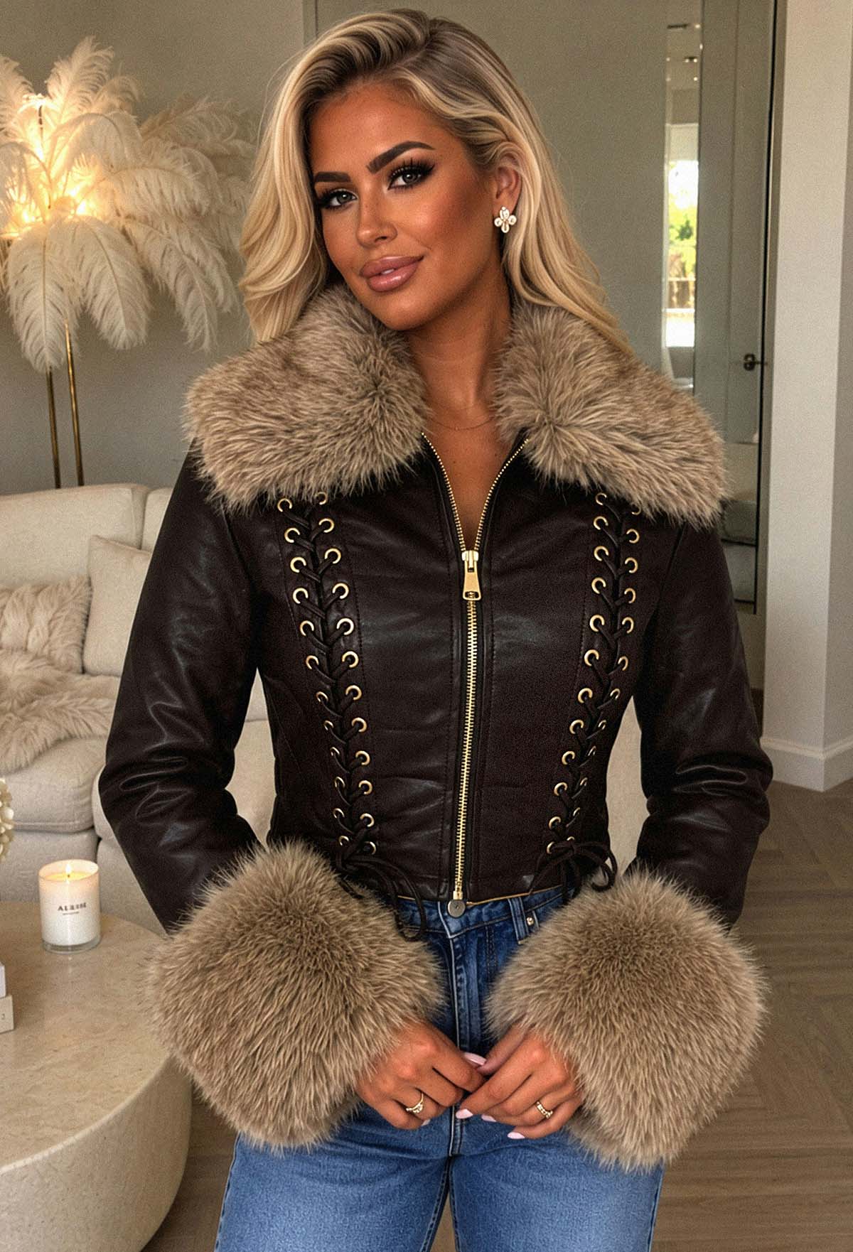 Chocolate brown faux fur leather jacket with eyelet lace-up detail, zip fastening, and fluffy collar and cuffs.
