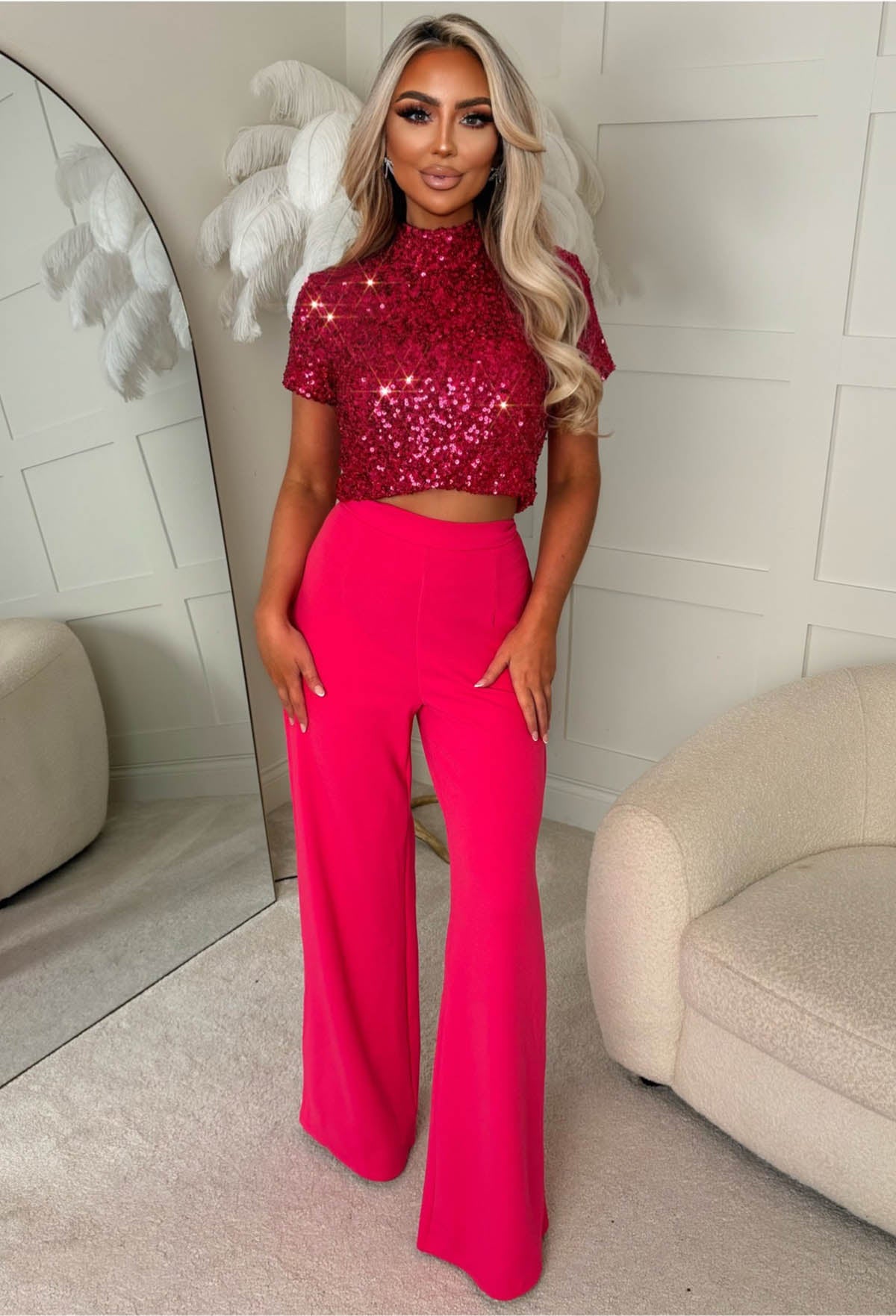 I See Fire Fuschia High Waisted Wide Leg Trousers