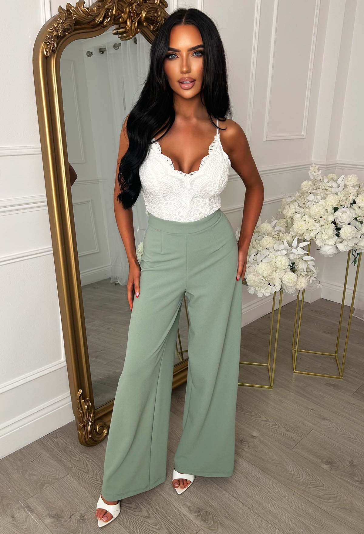 I See Fire Green High Waisted Wide Leg Trousers