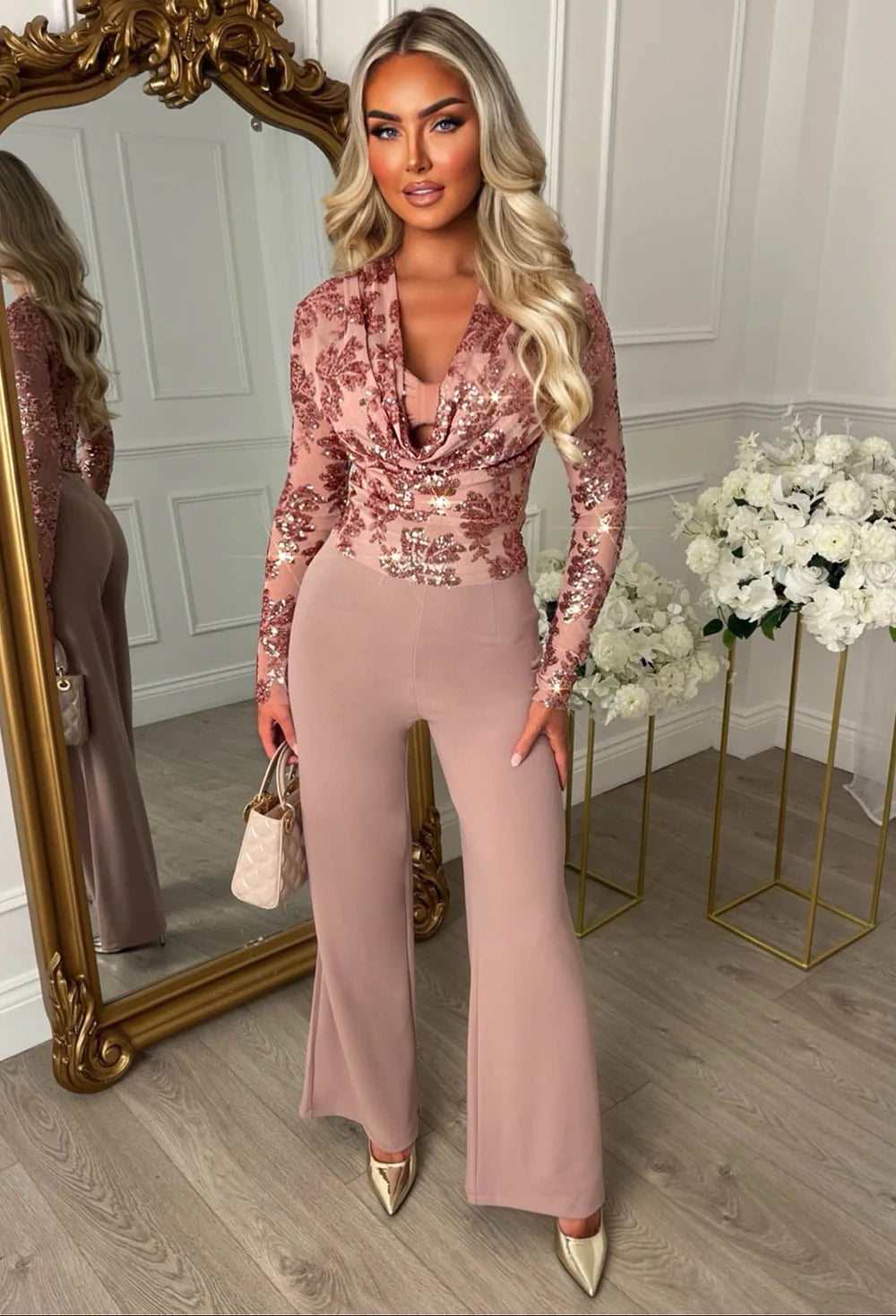 Liquid Luxe Pink Sequin Draped Cowl Neck Top