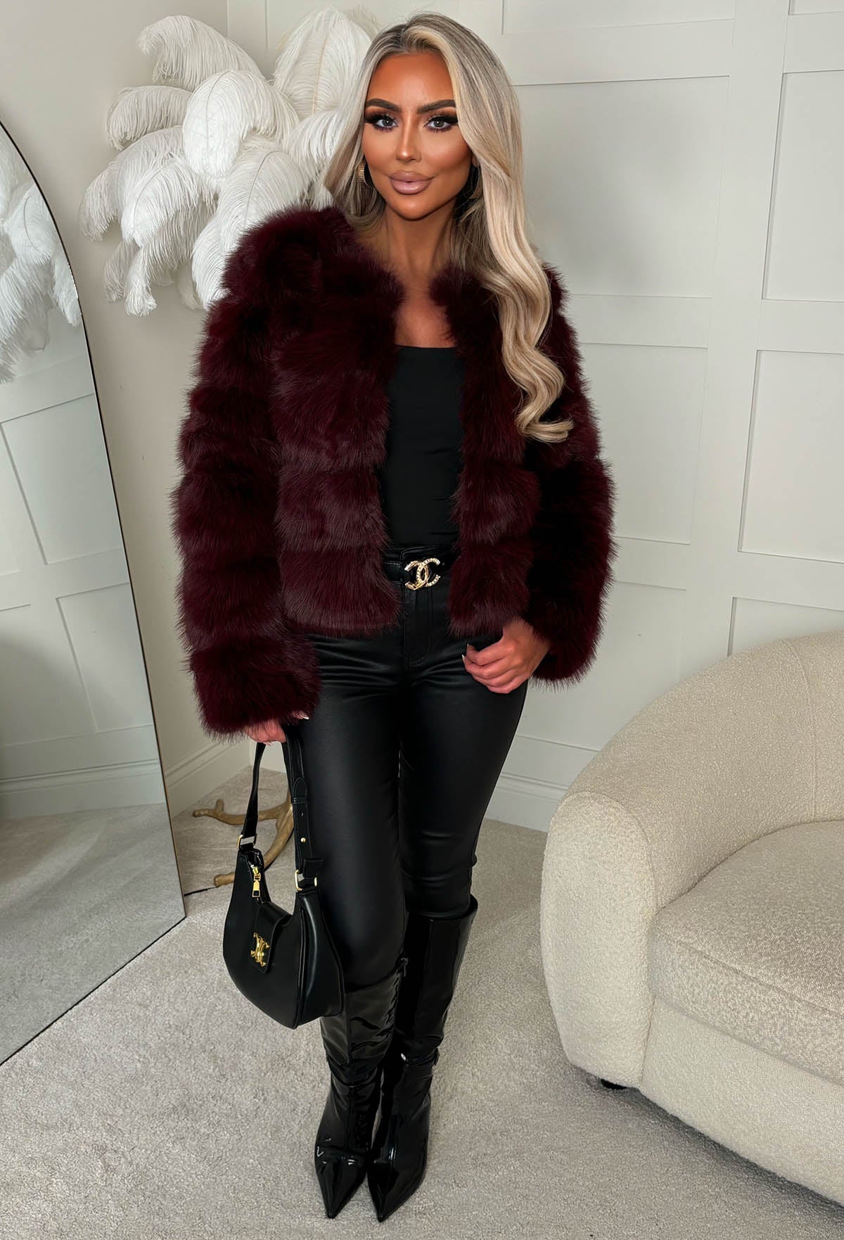 Iconic Daydream Burgundy Faux Fur Collarless Jacket