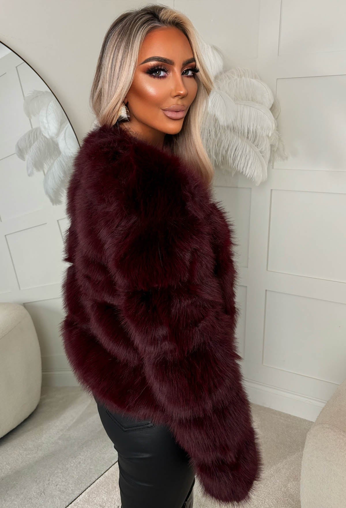 Iconic Daydream Burgundy Faux Fur Collarless Jacket