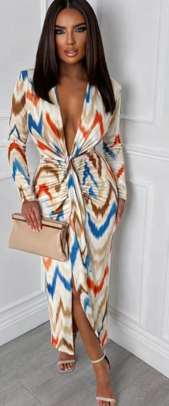 Cocktail Chic Multi Stretch Long Sleeve Plunge Ruched Midi Dress