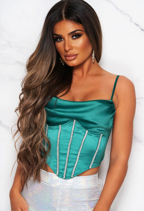 Change Your Plans Green Diamante Corset Crop Top Pink Boutique Pink