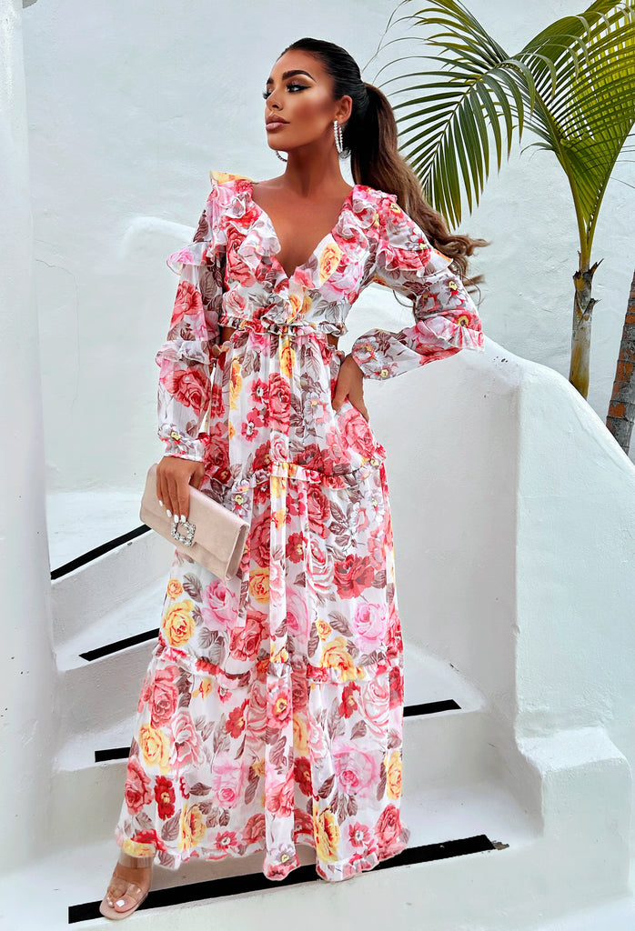 Blooming Bouquet White Long Sleeve Cut Out Side Floral Dress | Pink ...
