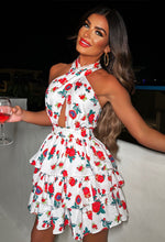 She's A Doll White Printed Halterneck Tiered Skirt Mini Dress
