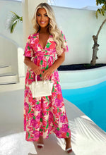 Perfect Peony Pink Ruched Waist Plunge Printed Maxi Dress