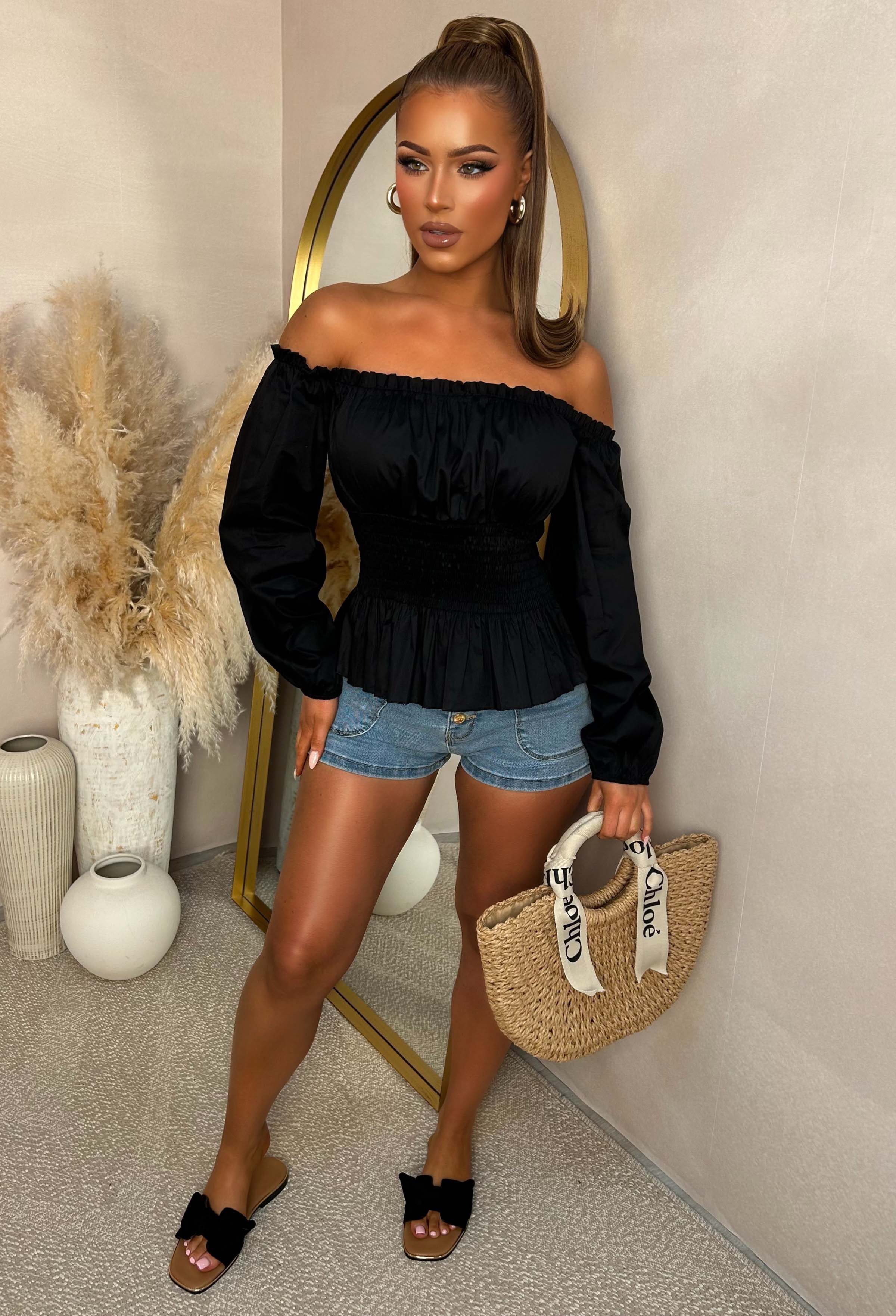 In A Daydream Black Shirred Waist Poplin Top