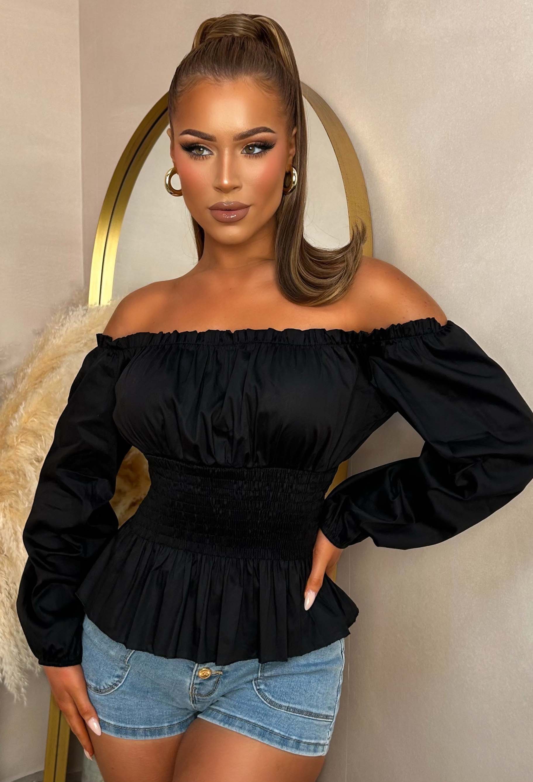 In A Daydream Black Shirred Waist Poplin Top