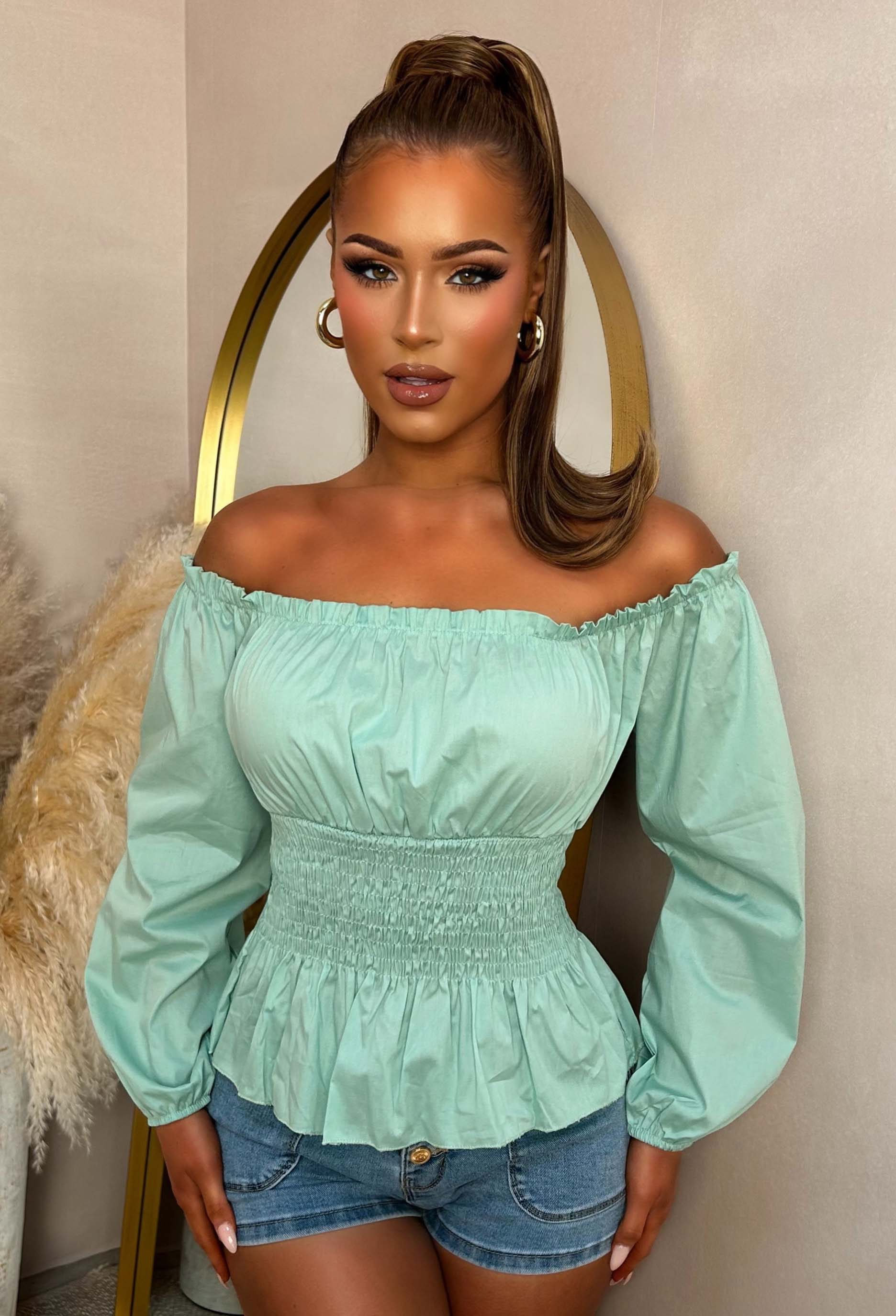 In A Daydream Light Green Shirred Waist Poplin Top