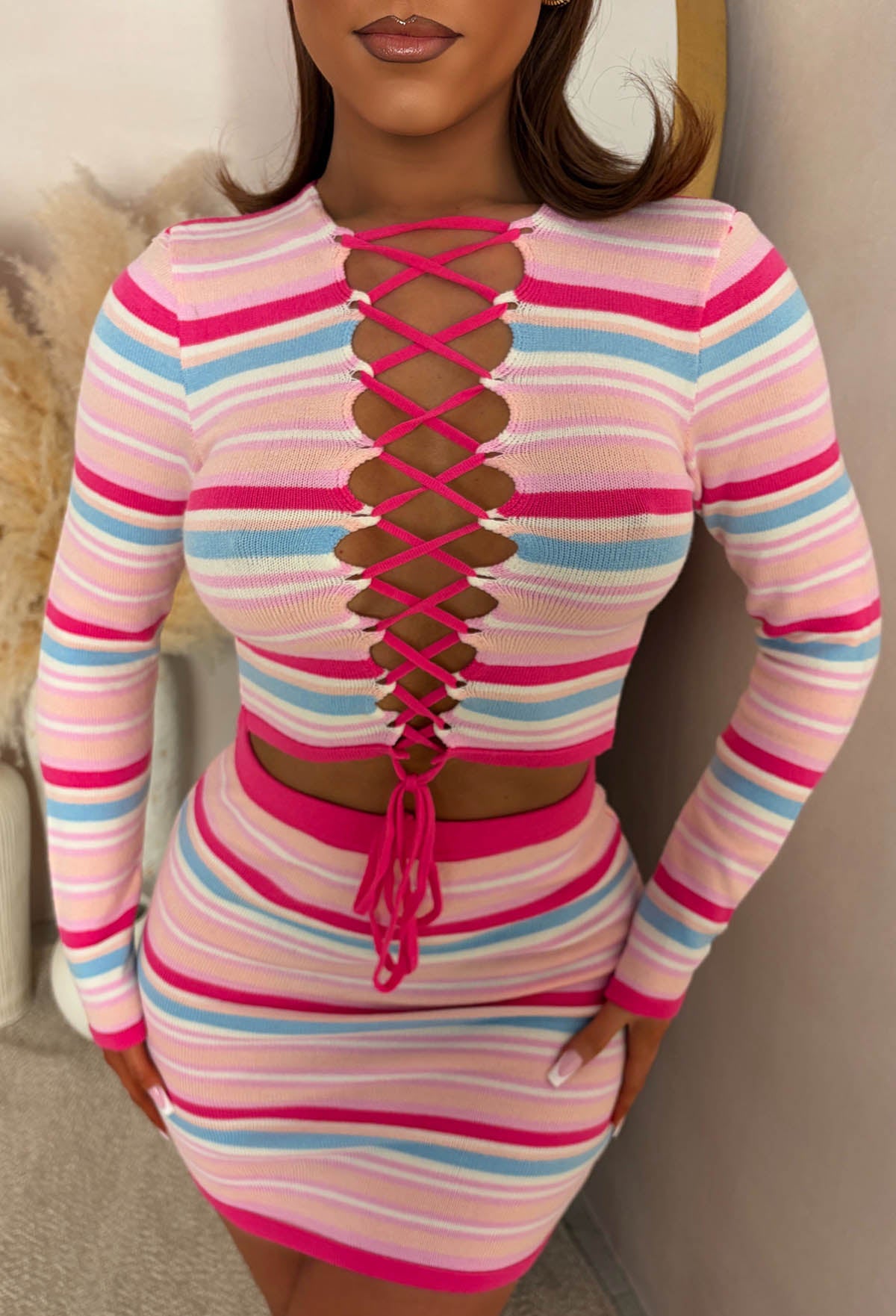 Irresistible You Pink Knitted Stripe Lace Up Top