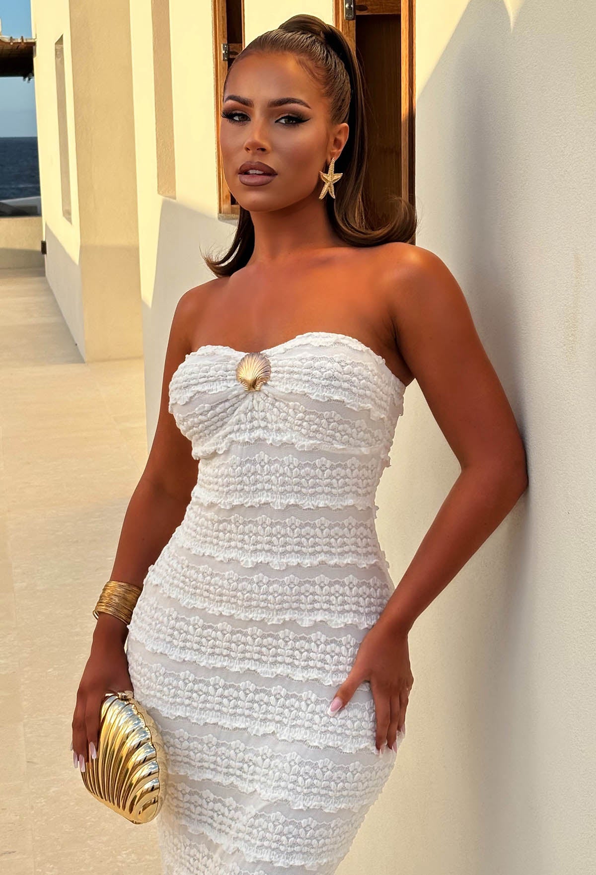 White Shell Detail Lace Bandeau Maxi Dress Close Up Front View