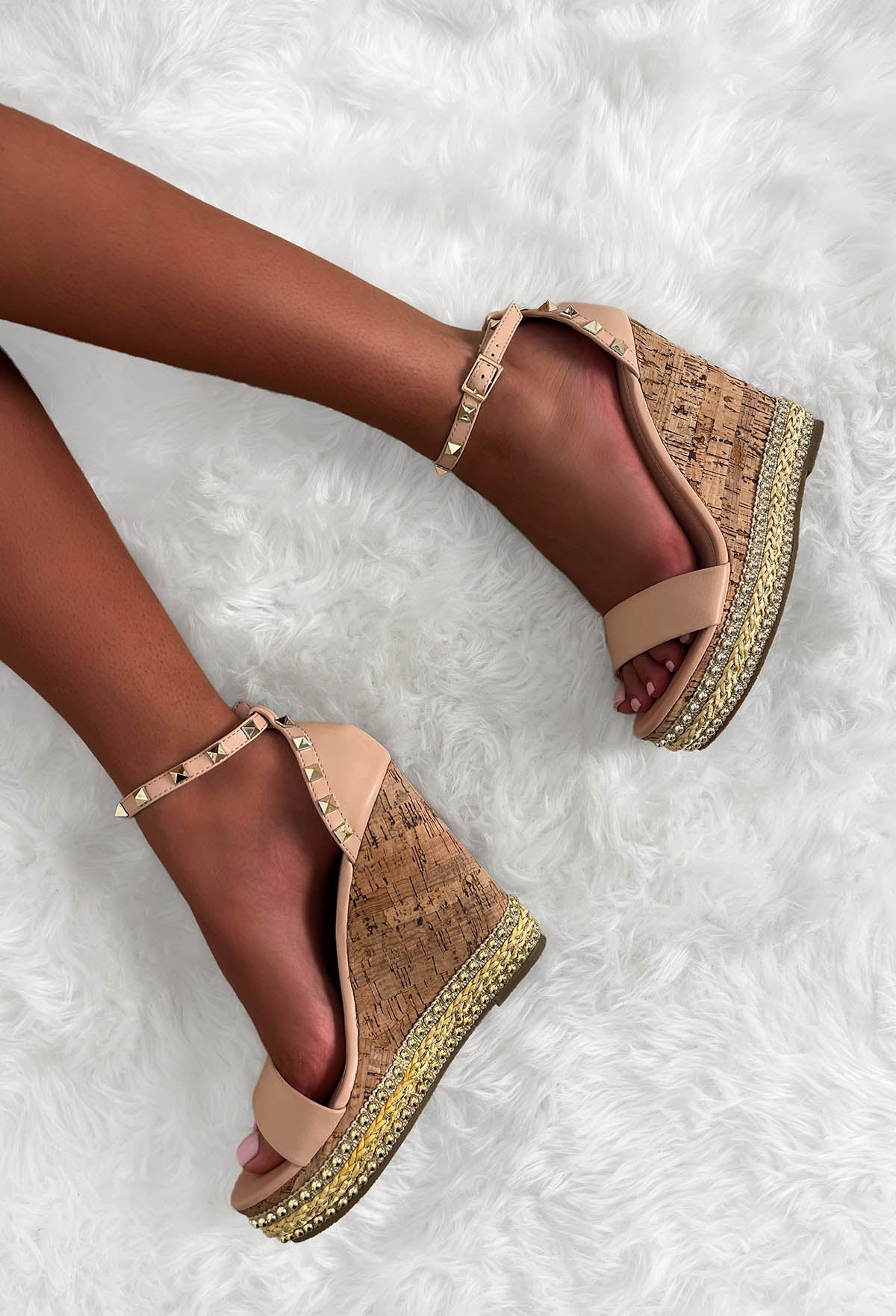 Island Luxe Nude Cork Studded Wedges With Stud Detail