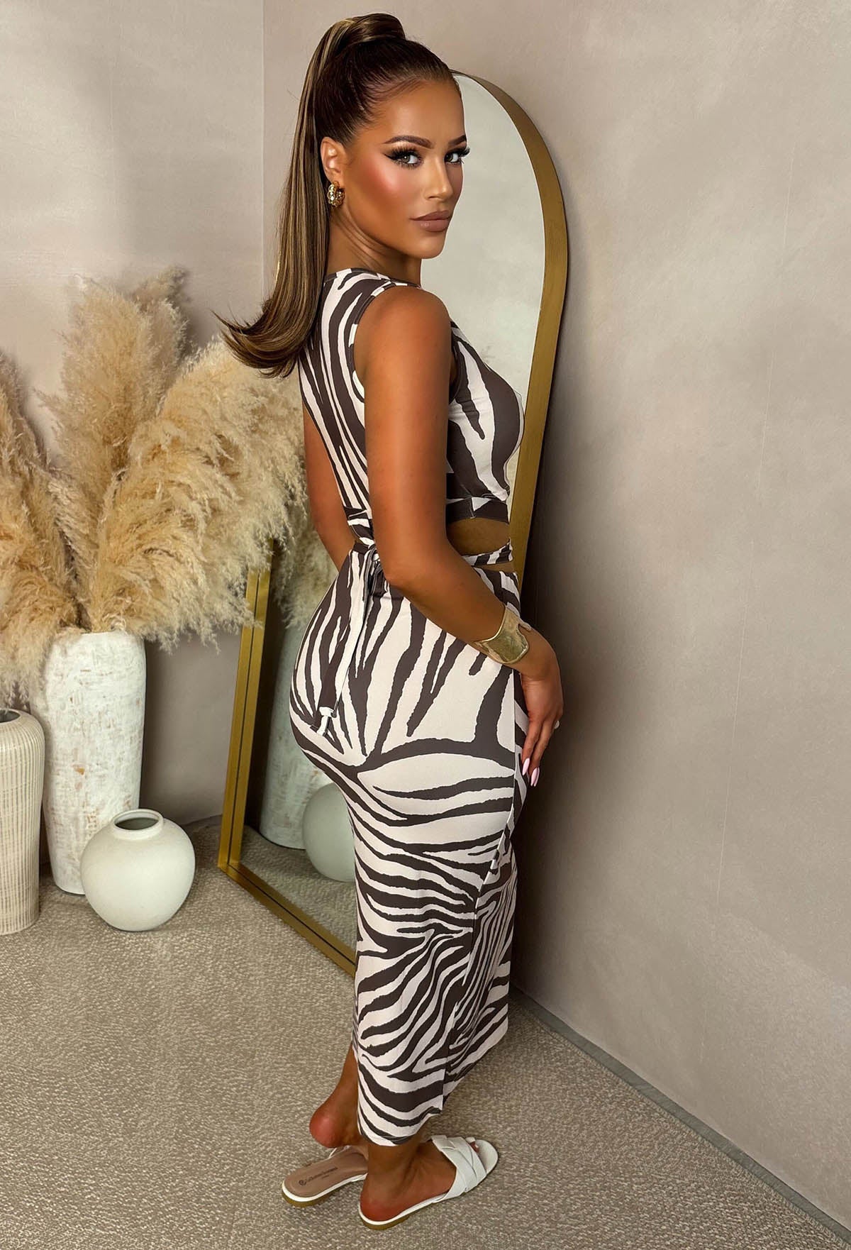 A Match Up Taupe Animal Printed Midi Wrap Around Co-ord Set