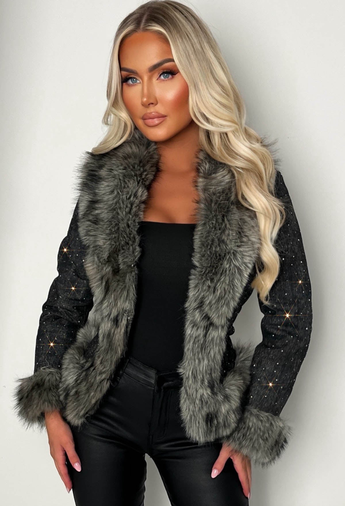 It's A Scandal Grey Denim & Faux Fur Belted Jacket