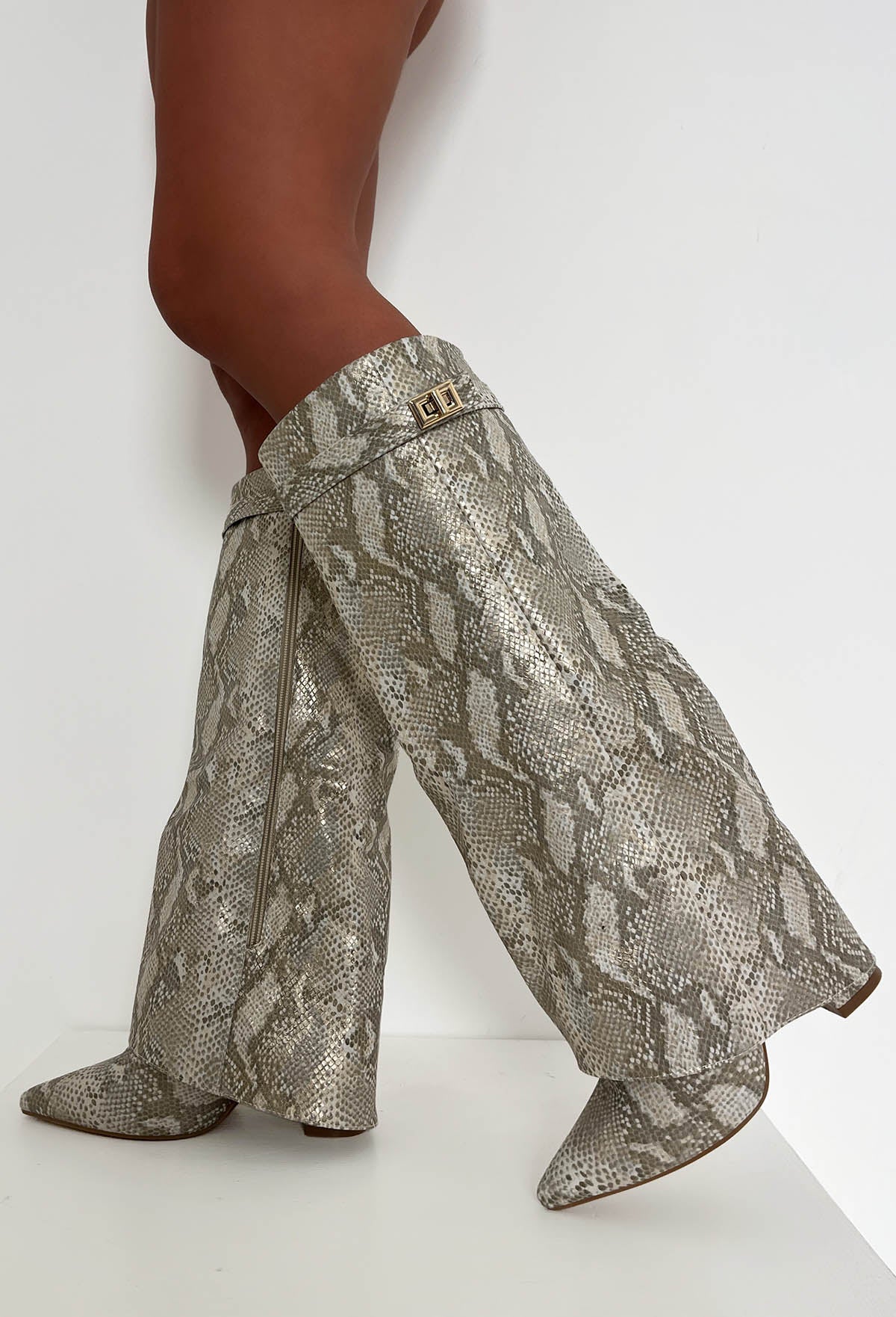 It's A Secret Nude Snake Print Fold Over Knee High Lock Shark Boots