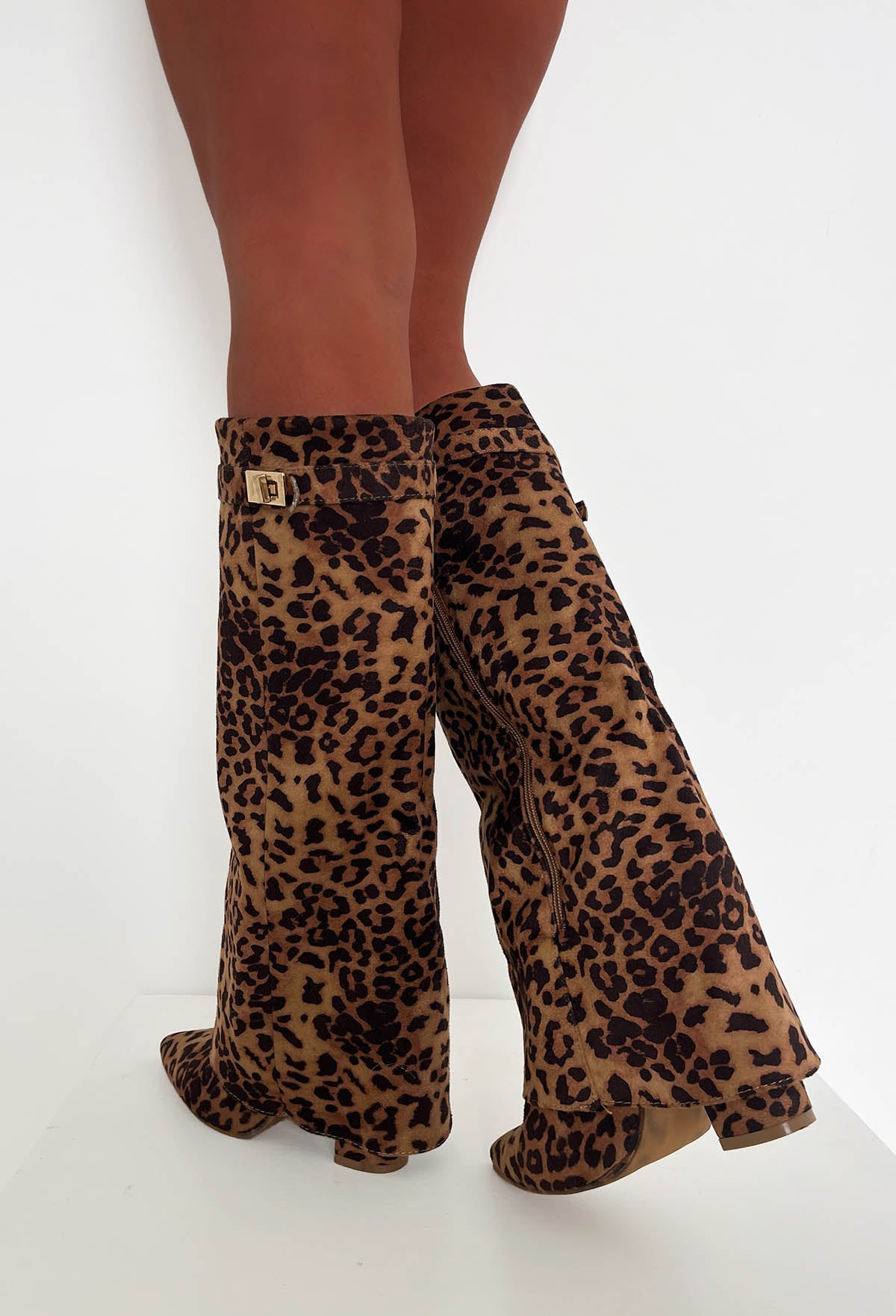 It's A Secret Tan Leopard Fold Over Knee High Lock Shark Boots