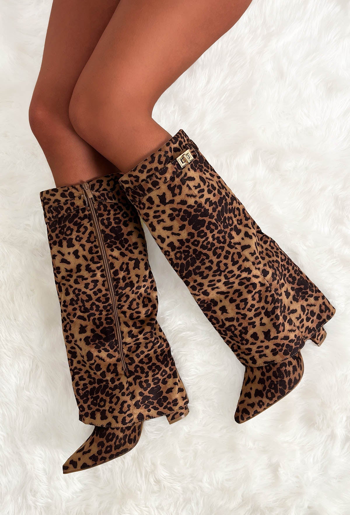 It's A Secret Tan Leopard Fold Over Knee High Lock Shark Boots