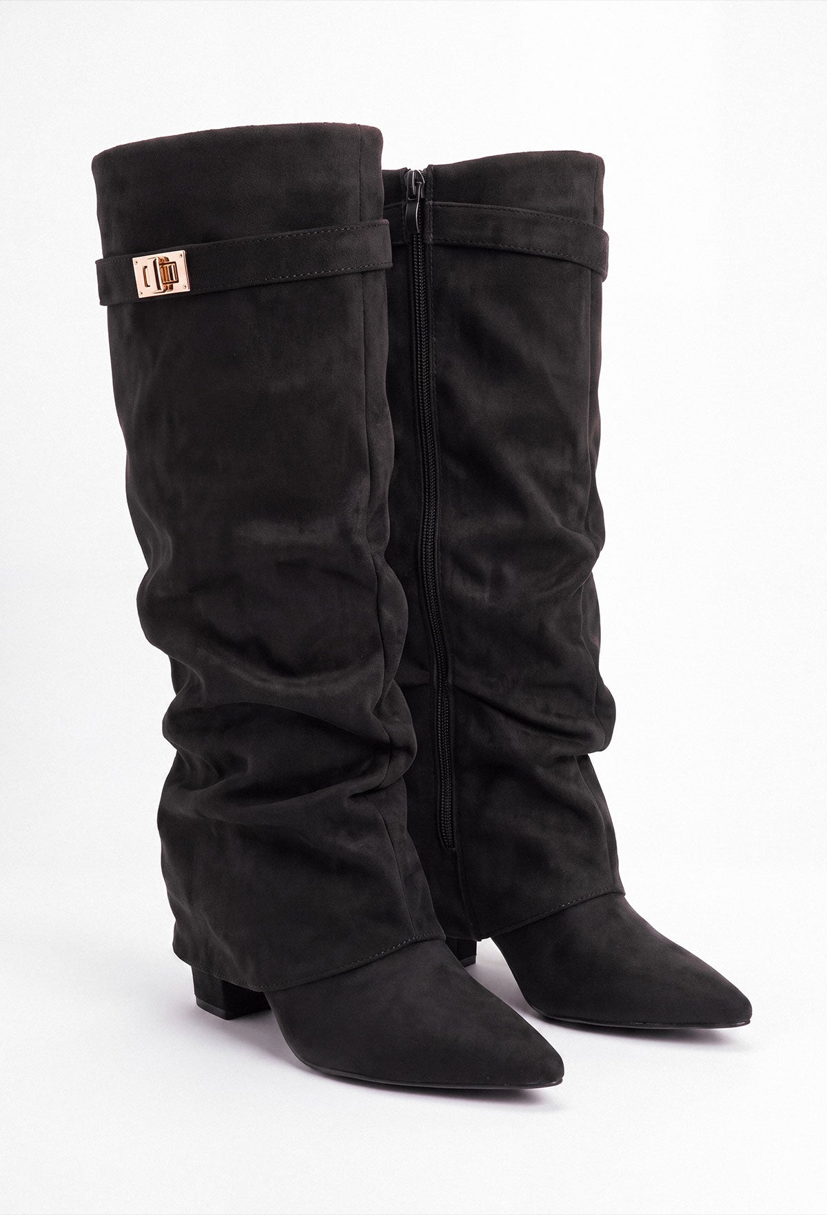 Black faux suede fold over maxi lock shark boot with pointed toe, slouchy shaft and gold lock detail.